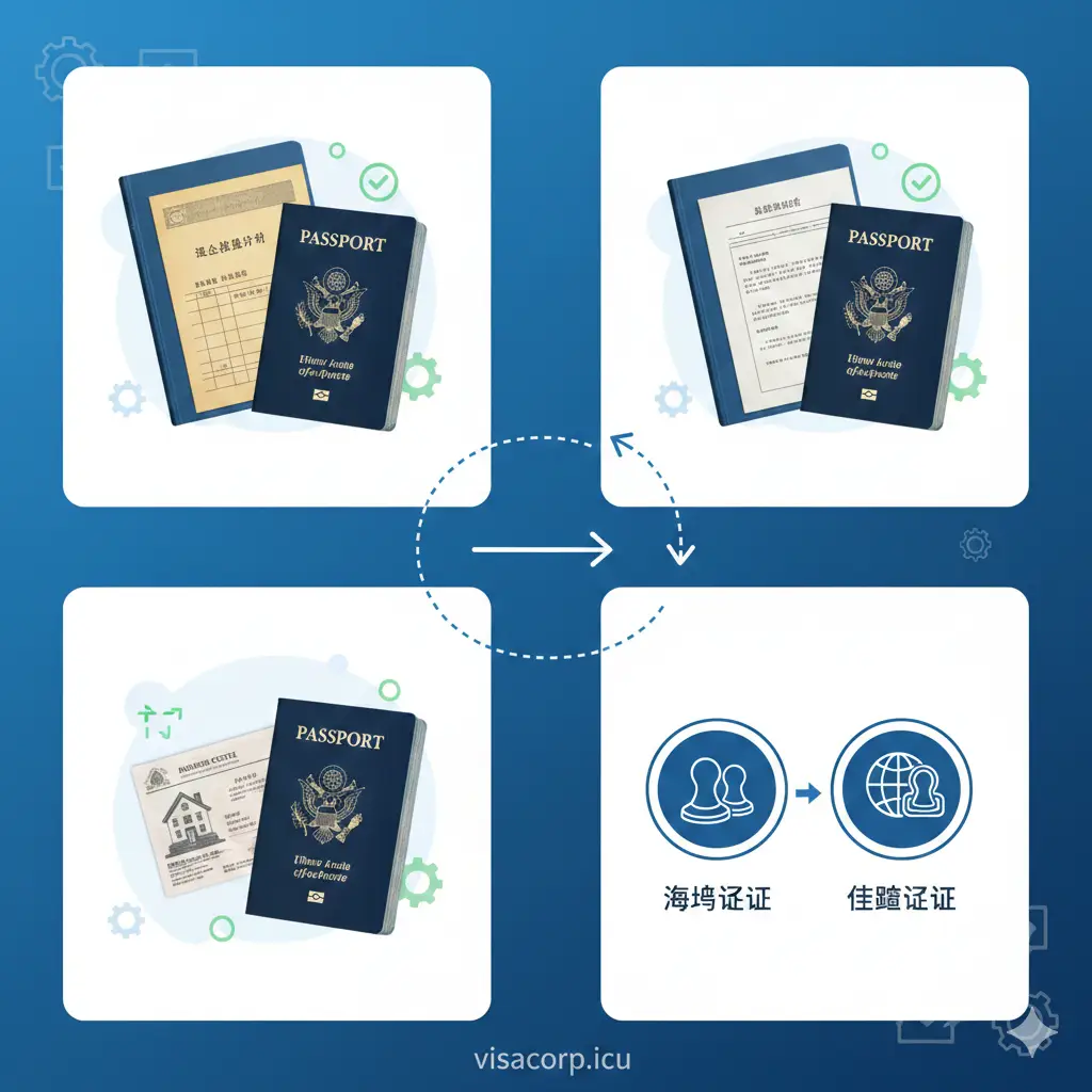展示该服务核心功能的视觉图片。画面采用分屏或多宫格构图，展示房产证、银行存折、遗产继承文件与美国护照的关联场景。背景色调以科技蓝和专业白为主，点缀代表安全和高效的绿色图标。中间通过虚线箭头连接新旧护照，象征身份的无缝衔接。画面中包含显眼的‘海牙认证’与‘使馆认证’的抽象图标，体现双轨制办理的灵活性。