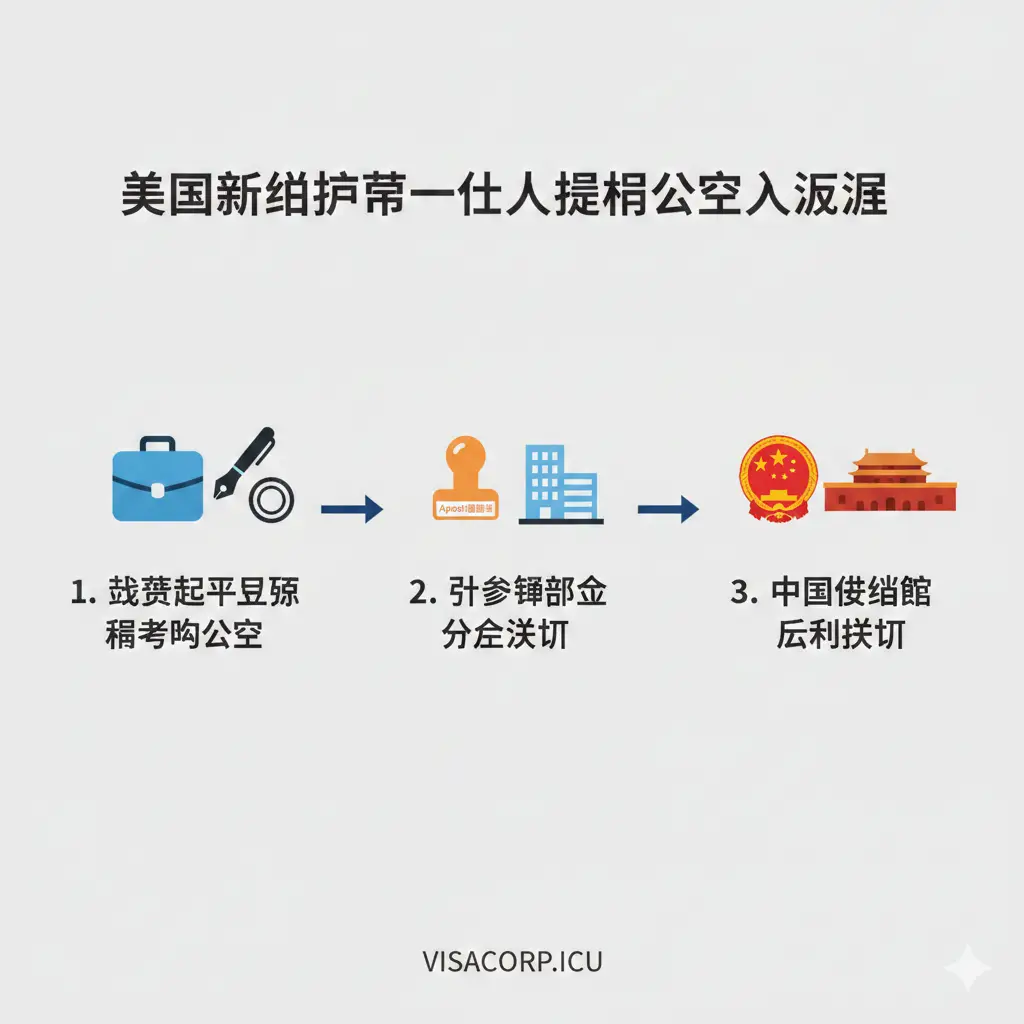 一张清晰的流程引导图。采用极简扁平化设计风格，背景为干净的浅灰色。图表展示从左到右的三个步骤：1. 律师起草声明书并公证，2. 州务卿办公室盖章（带有Apostille字样），3. 中国使领馆最终认证。每个步骤配以简约的公文包、图章、办公大楼图标。色彩明快，流程线清晰，让用户一眼看懂美国新旧护照同一人证明的办理全过程。