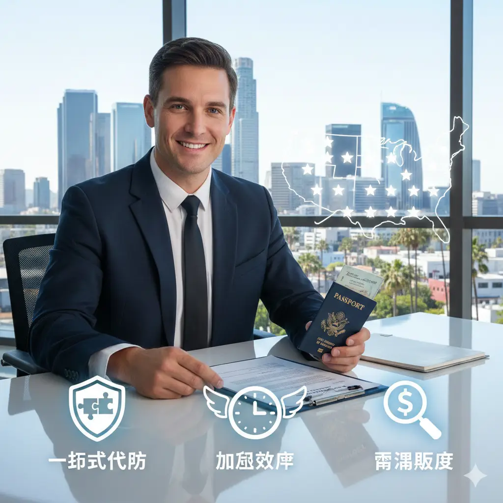 体现visacorp.icu专业优势的形象图。画面展示一位穿着得体、面带微笑的商务顾问正在处理法律文件，背景是洛杉矶或纽约的现代化城际线景观。图片中融入‘一站式代办’、‘全美覆盖’、‘透明报价’的视觉元素，如盾牌图标表示安全，时钟图标表示加急效率。光线明亮，色彩饱和度高，增强客户对代办机构的品牌忠诚度与专业认可。