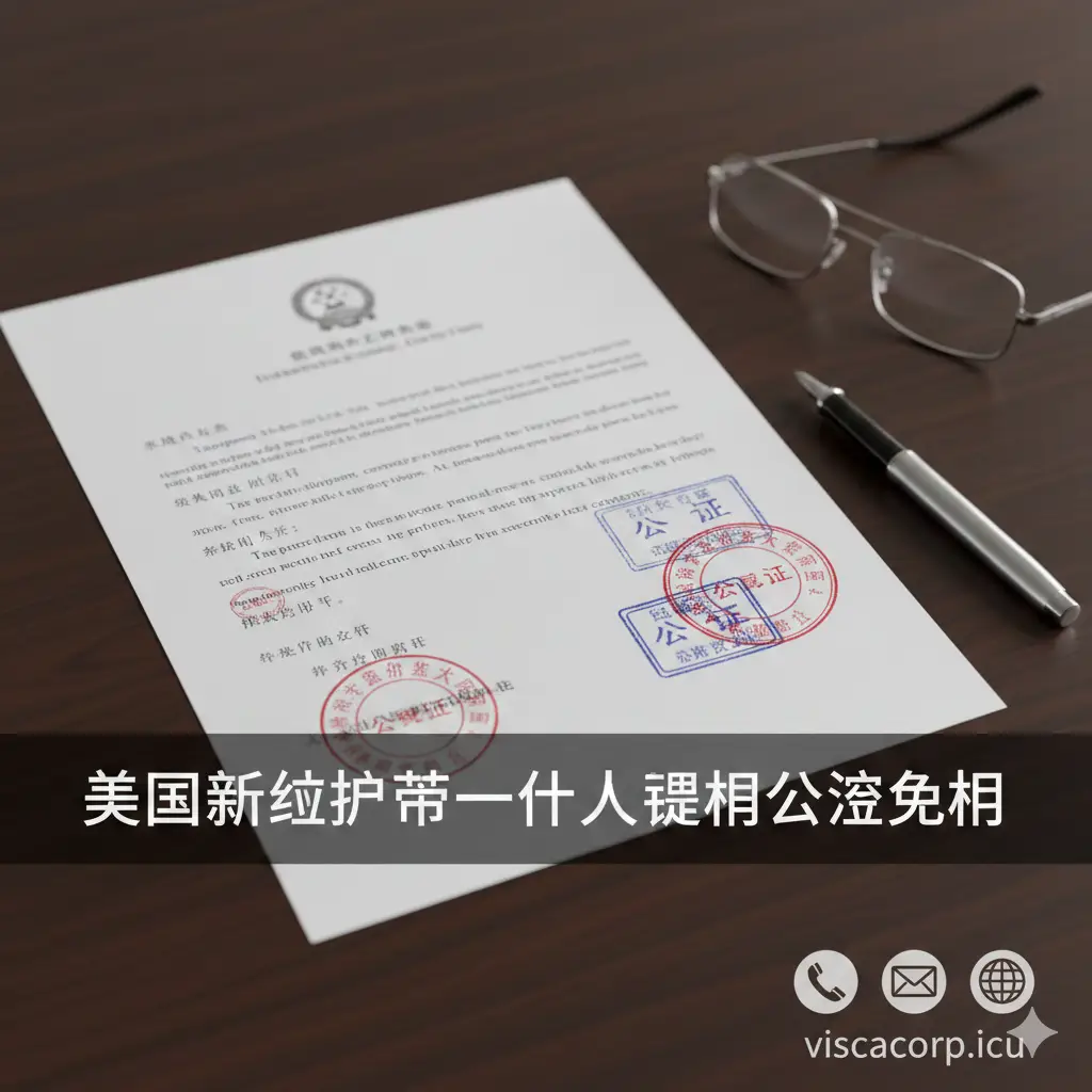 一张总结性质的结尾图。画面中央是一份盖有红色和蓝色印章的正式认证文件副本，周围摆放着签字笔和一副眼镜。背景采用深色木质桌面，营造出严谨的办公氛围。画面底部或侧面暗示联系方式的图标（如电话、邮件、网址），整体给人以任务圆满完成、问题得到最终解决的安心感，视觉中心强调‘美国新旧护照同一人证明’的认证结果。