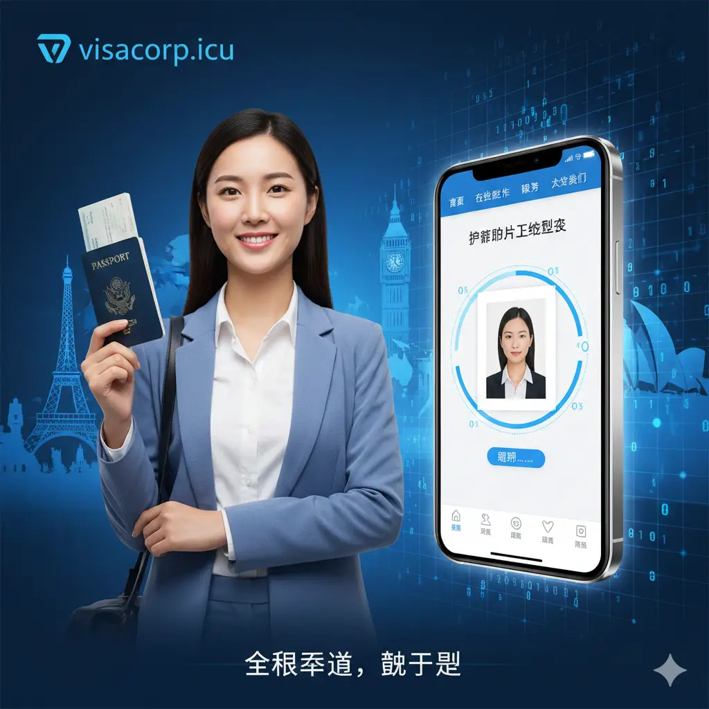 一张富有现代感和科技感的封面图，左侧展示一位自信微笑的旅行者，右侧是一个发光的智能手机屏幕，屏幕上显示着visacorp.icu的界面，正在处理一张标准的白色背景护照照片。背景融合了全球著名地标的剪影和蓝色的数字网格。构图大气，色彩以科技蓝和纯净白为主，突显专业、高效和全球通用的品牌调性。