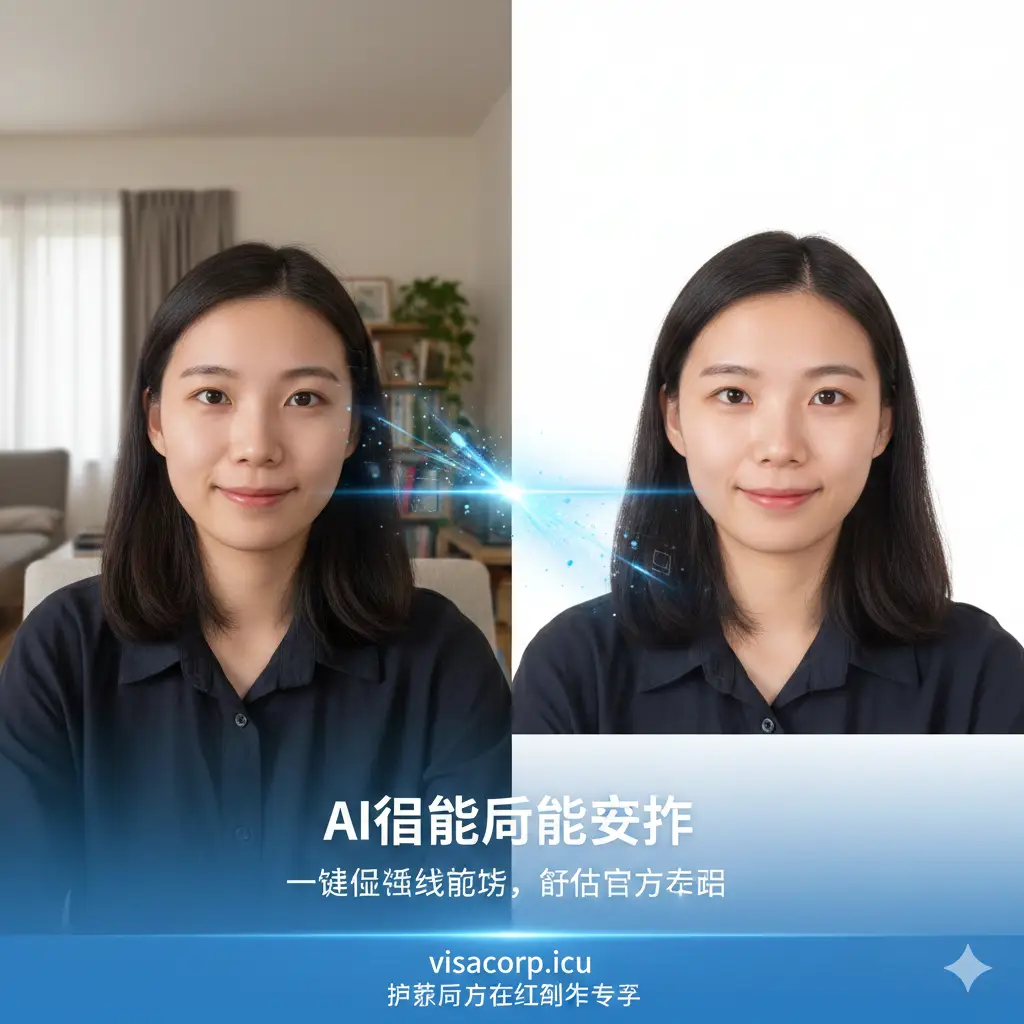 展示AI智能背景处理功能的对比图。画面采用左右分割构图，左侧是用户在普通居家背景下的原始自拍照，光线柔和但背景杂乱；右侧是经过visacorp.icu处理后的照片，背景瞬间变为纯净的官方标准白色，边缘平滑，发丝清晰。画面中点缀着表示AI扫描的动态光线条，强调‘一键替换’和‘毫秒级抠图’的技术优势。
