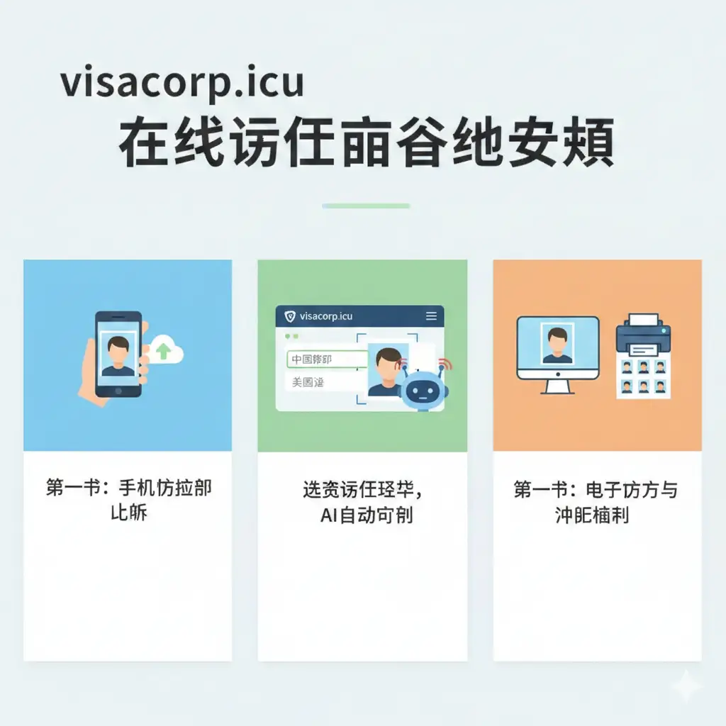 以三步走流程图形式呈现的教程图片。第一步：用户手机拍照并点击上传图标；第二步：系统界面展示下拉菜单，用户选择‘中国护照’或‘美国签证’，AI自动定位面部特征点进行裁剪；第三步：生成电子版照片和多张排版的冲印模板。色彩鲜明，使用简洁的矢量图标和清晰的标注，让用户一眼看懂操作流程。