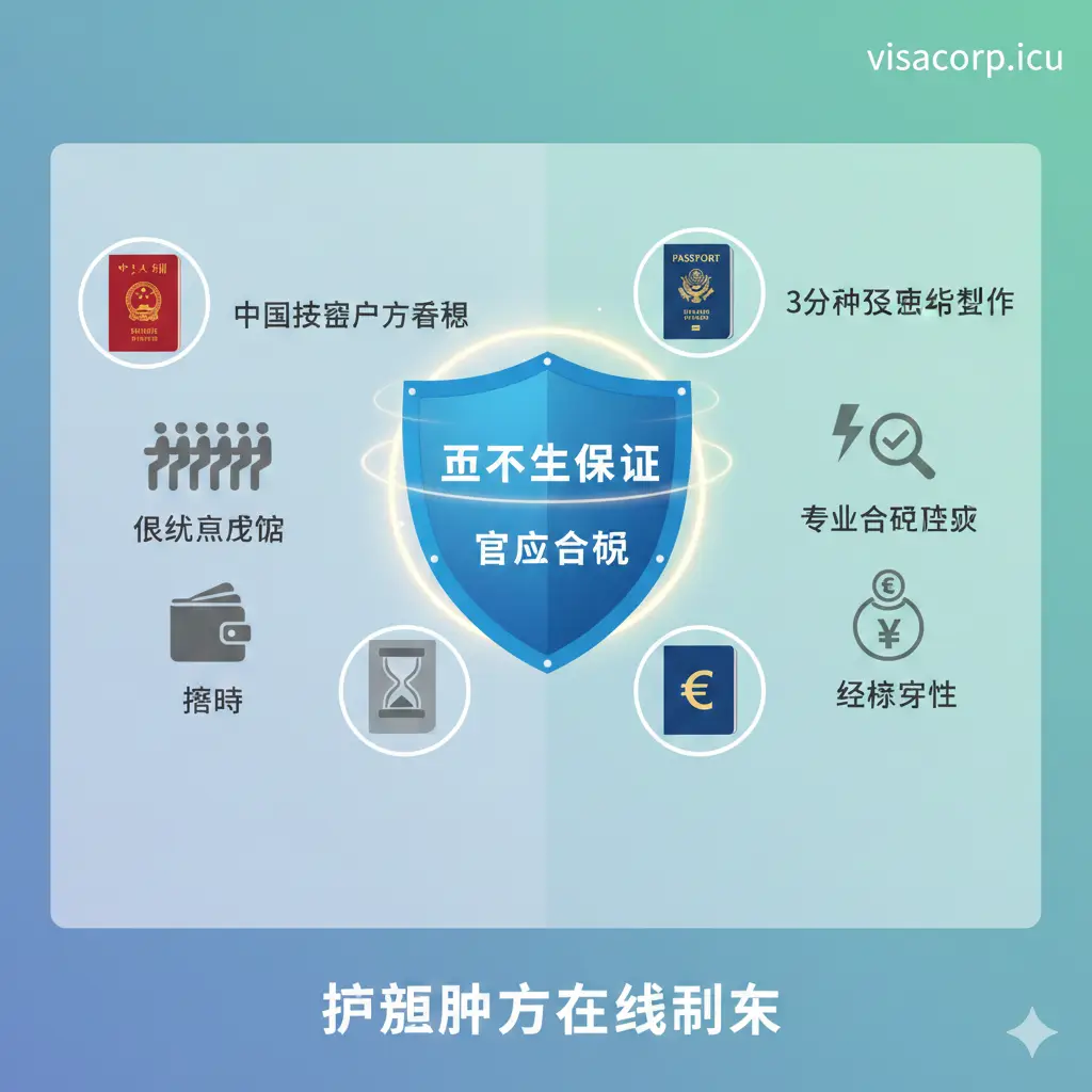 对比优势展示图，采用信息图表风格。中间是一个盾牌图标，象征‘零失败保证’和官方合规。周围环绕着不同国家（中国、美国、欧盟）的微缩护照封面和对应的标准照片规格。通过与传统照相馆的排队、昂贵、耗时进行视觉对比，突出visacorp.icu在线制作的经济实惠、3分钟极速生成以及专业合规检测的核心优势。