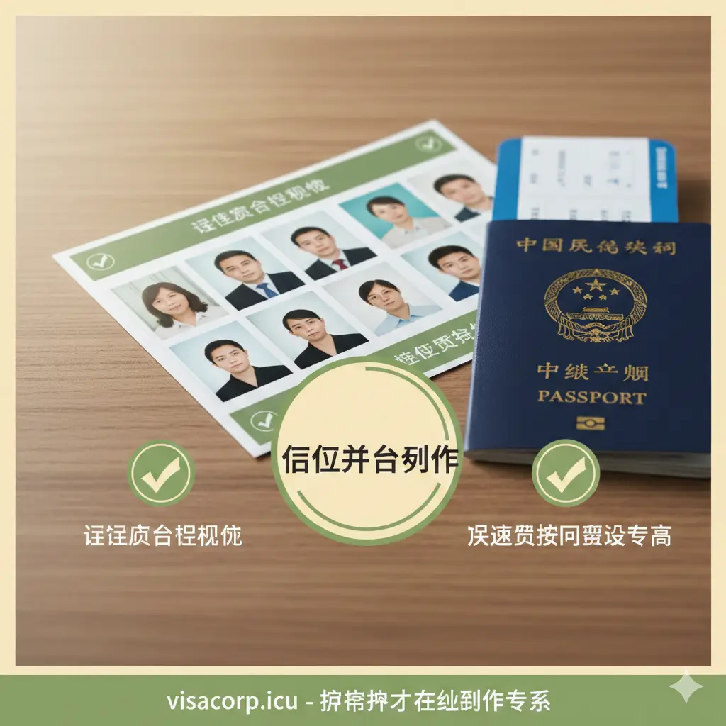 温馨且充满信心的总结图。画面展示一张打印出来的精美护照照片排版页放在干净的木质桌面上，旁边是一本护照和一张前往国外的机票。色调温暖，寓意成功的开始。画面中央带有明显的‘立即开始’视觉引导元素，并点缀着绿色对勾图标，传达出一种万事俱备、申请必过的积极暗示和品牌信任感。