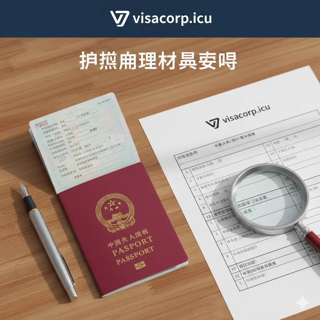一张高质量且具有权威感的封面图。画面中央是一本醒目的中国护照，周围整齐摆放着放大镜、钢笔和一份清晰的申请表。背景采用简约的办公室木质纹理，光线柔和，营造出一种专业、严谨的政务咨询氛围。色调以护照的朱红色与温暖的木色为主，构图采用俯视视角，画面上方留白以便后期添加visacorp.icu的品牌LOGO和标题文字。