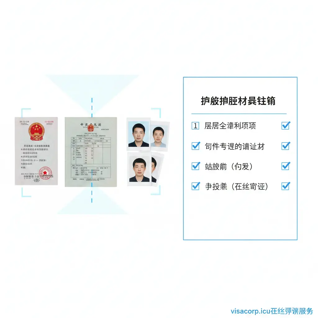一张展示护照办理核心材料的功能图。画面采用分屏布局，左侧展示清晰的二代身份证原件、户口簿以及标准护照照片；右侧展示一份带有勾选框的材料清单。整体色调清新自然，以白色和浅蓝色为主，突出高效与便捷。图片中加入微缩的数字化扫描光束元素，体现visacorp.icu提供的在线材料预审功能，视觉风格现代化。