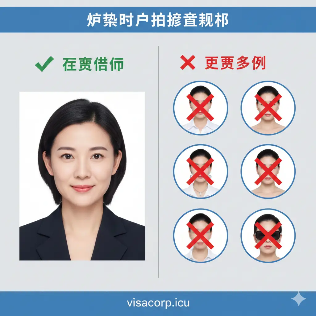 一张关于护照照片拍摄规范的教程指示图。采用对比构图，左侧展示一名模特身穿深色衣服、露出双耳、表情自然的正确示范；右侧展示几种错误示例（如穿白衣、戴首饰、美颜过度）并打上红色叉号。画面布局类似信息图表，背景为纯净的浅灰色，人物面部补光均匀，确保观众能直观理解‘护照办理材料要求’中最易出错的照片规范。