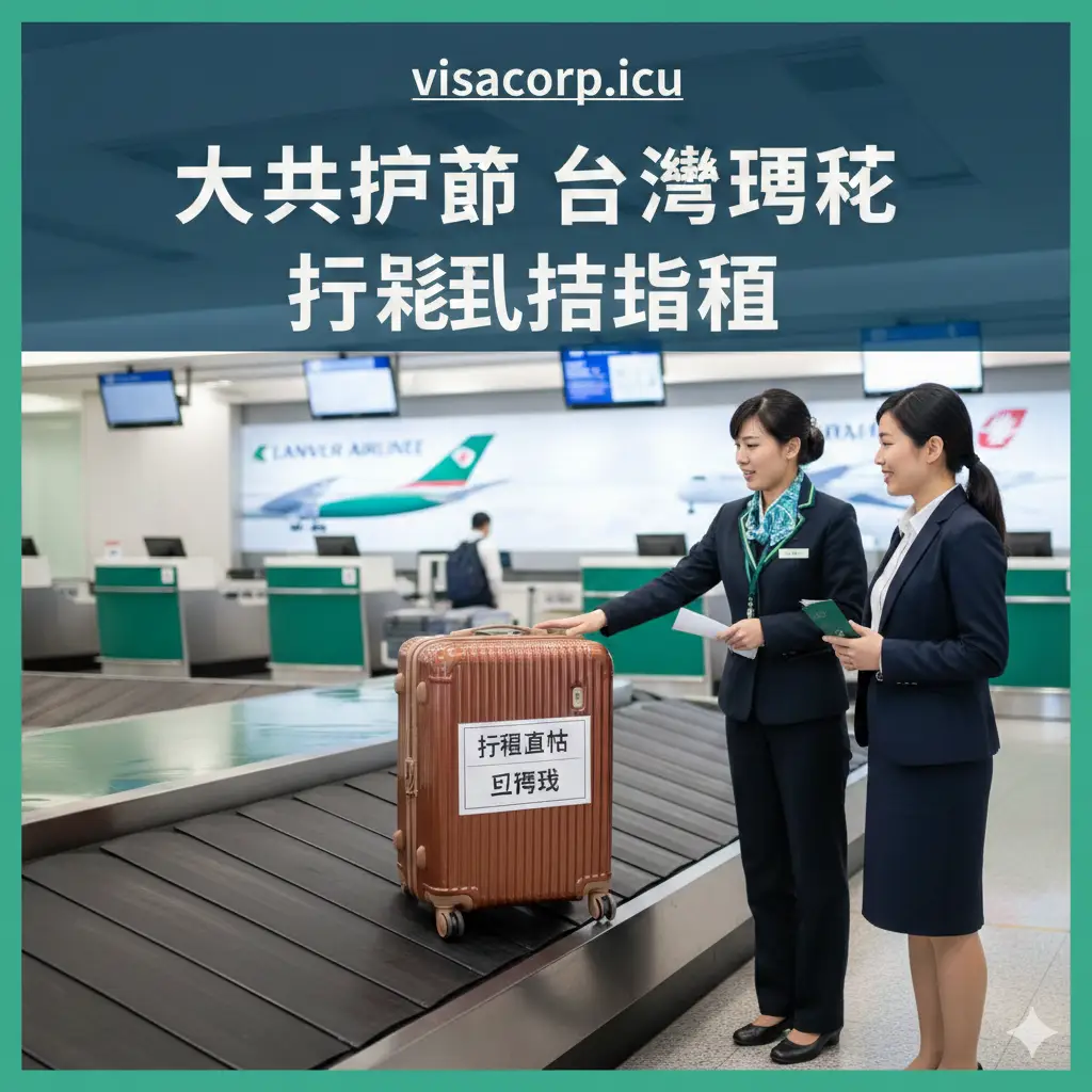 一张关于行李直挂的操作教程图。画面详细描绘了机场行李传送带与贴有‘Checked Through’标签的登机行李箱。背景是一个专业的机场值机柜台，地勤人员正在耐心地向旅客解释直挂流程。图中加入长荣航空和中华航空的飞机尾翼元素，强调联程机票的稳定性。构图采用三分法，色彩明亮自然，充满指导性和专业信任感。