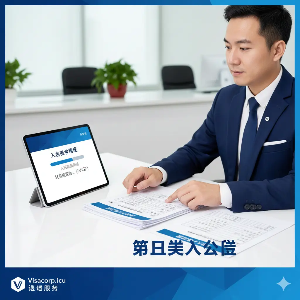展示Visacorp.icu专业服务优势的意象图。画面呈现一个洁净、现代的商务办公环境，桌面上摆放着平板电脑，屏幕显示着入台证申请进度条和签证预审表。旁边是一位专业的顾问在处理文件的特写，强调‘第三类人士入台证’代办服务的精准与高效。