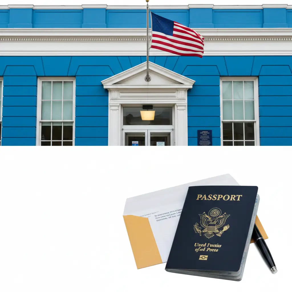 一张高质量的封面图片，展示美国邮政局（USPS）标志性的蓝色建筑外观，门前悬挂着美国国旗。近景处放置一本深蓝色的美国护照，护照封面上金色的鹰纹清晰可见。背景光线明亮柔和，采用现代商务摄影风格，画面中心留白，适合添加‘邮局办护照全流程攻略’的文字标题。