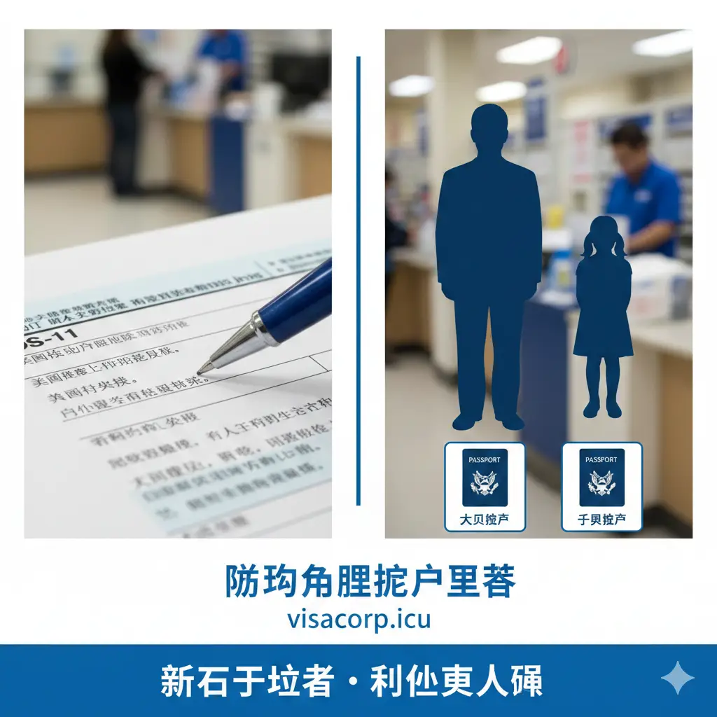 一张功能特性展示图，采用分屏或多元素构图。左侧展示DS-11表格的特写，笔尖悬停在表格上方；右侧展示一位成人和一位儿童的护照剪影，背景融入邮局内部受理柜台的模糊景象。色彩以USPS标志性的蓝色和白色为主，强调适用人群：首次申请者和未成年人。