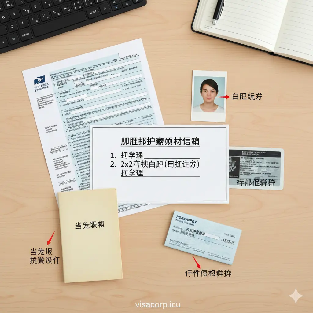 一张清晰的教程步骤图，模拟办公桌面俯视图（Flat Lay）。桌面上整齐摆放着：填写好的DS-11表、一张2x2英寸的免冠证件照、一本支票簿、一份出生证明原件以及一张美国驾照复印件。画面整洁，光线均匀，通过视觉元素直观展示办护照所需的必备材料清单。