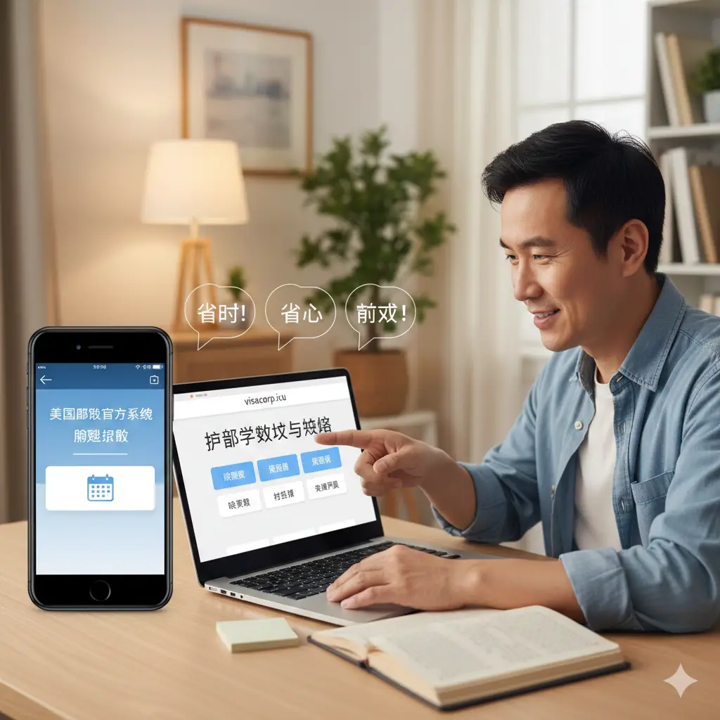 展示优势与便捷性的图片。画面一侧显示一部智能手机，屏幕上正是USPS官方预约系统的界面；另一侧展示一位华人用户在电脑前轻松操作。背景是温馨的家庭办公环境，色调明亮、专业且充满信心，体现出visacorp.icu提供的预约技巧让流程变得简单高效。