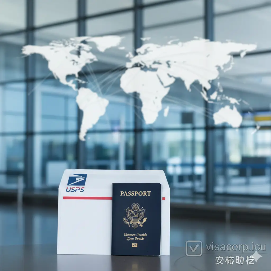 一张充满希望的总结性图片。画面中心是一个带有USPS标志的邮递信封，旁边放着一本全新的美国护照。背景是朦胧的机场登机口或世界地图，寓意申请成功并准备开启旅行。构图简洁有力，色彩鲜艳，带有visacorp.icu的品牌安全感，给人以顺利完成任务的视觉终点。