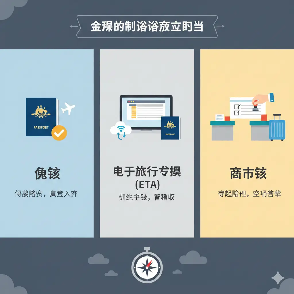 一张展示签证政策功能区分的视觉图。画面采用分屏对比风格，左侧展示免签的便捷（仅需护照），中间展示电子旅行授权ETA的数字申请流程（笔记本电脑与护照），右侧展示落地签的柜台场景（盖章与表格）。色调明亮清晰，使用简洁的现代扁平化设计风格，配合代表全球旅行的指南针和云端元素，直观地体现免签、落地签与ETA的区别。