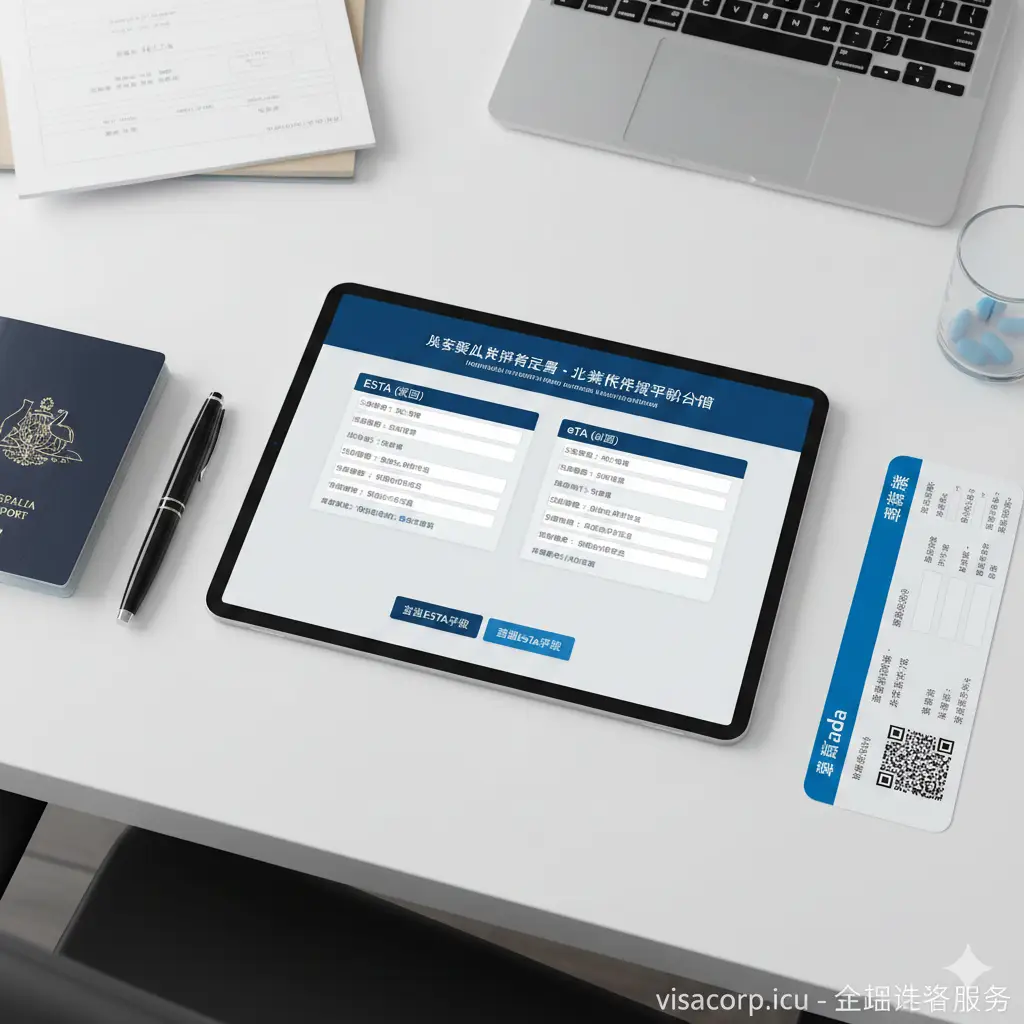 一张极具引导性的教程示意图。展示一个现代办公桌面，上方有一台打开的平板电脑，屏幕正显示着ESTA和eTA的模拟申请表界面。旁边摆放着澳大利亚护照、一支钢笔和一张登机牌。光线柔和自然，采用从上往下的俯拍构图。画面通过清晰的视觉层级，向读者传达如何在线申请北美旅行授权的步骤感，风格专业且实用。