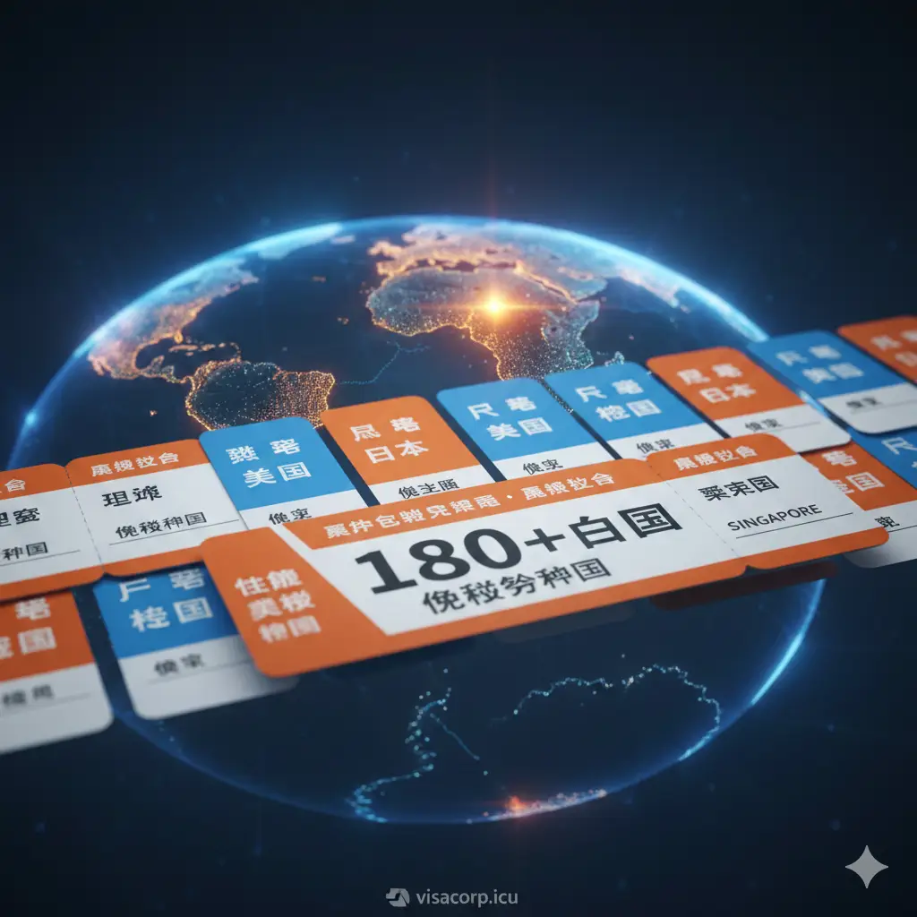 一张表现澳大利亚护照优势的创意图。背景是一张发光的全球3D地图，澳洲大陆被高亮显示。画面前方是数枚代表免签目的地的彩色登机牌整齐排列，上面标注着‘Europe’、‘USA’、‘Japan’等字样。整体色调以活力橙和科技蓝为主，利用景深效果强调‘180+国家’的数字概念，突显澳洲护照作为全球顶级旅行通行证的强大竞争优势。