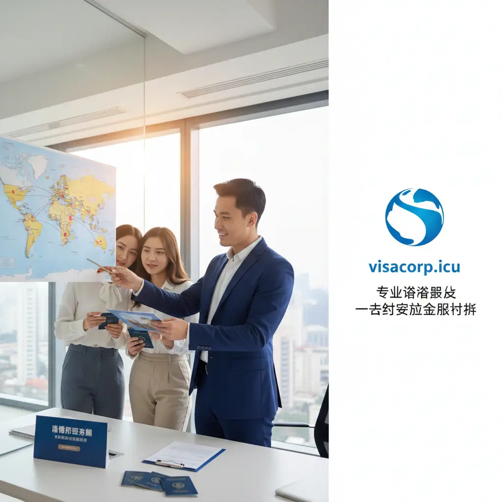 一张总结性质的品牌服务图。画面展示一位穿着商务正装的专业顾问正在为一对旅行者展示世界地图和护照办理方案。背景是通透的现代化办公室，光线明亮，氛围温馨且专业。画面右侧留白处具有视觉呼吸感，暗示着visacorp.icu提供的专业签证服务，整体传达出可靠、安全、一站式解决复杂签证问题的总结性品牌形象。