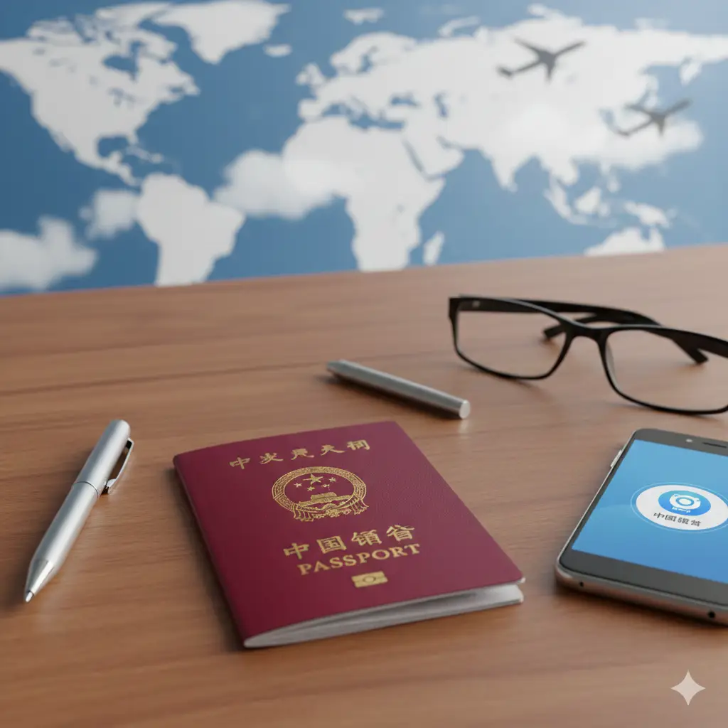 一张高质量、专业感十足的封面图。画面中心是一本深红色的中国护照，封面上的国徽金色质质感清晰可见。护照放置在干净的办公桌面上，旁边散落着钢笔、一副近视眼镜和一部显示着‘中国领事’APP图标的智能手机。背景是模糊的全球地图和代表国际旅行的飞机云影，色调以温暖的木质色和权威的红色为主，构图采用对角线分布，营造出一种全球服务与归属感的视觉氛围。