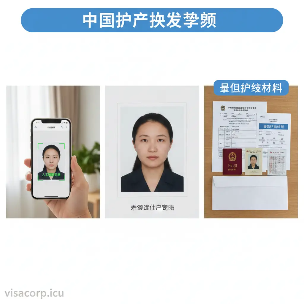 一张清晰的教程步骤示意图。画面采用分屏或多宫格构图，展示办理护照的关键环节：第一部分是手持手机进行人脸核验的特写，第二部分是标准白底护照照片的展示，第三部分是整齐码放的纸质申请材料与回邮信封。整体风格干净利落，采用明亮的室内自然光，色彩以白色、蓝色和护照红为主，旨在消除用户对复杂流程的畏难情绪，提供手把手的视觉指引。