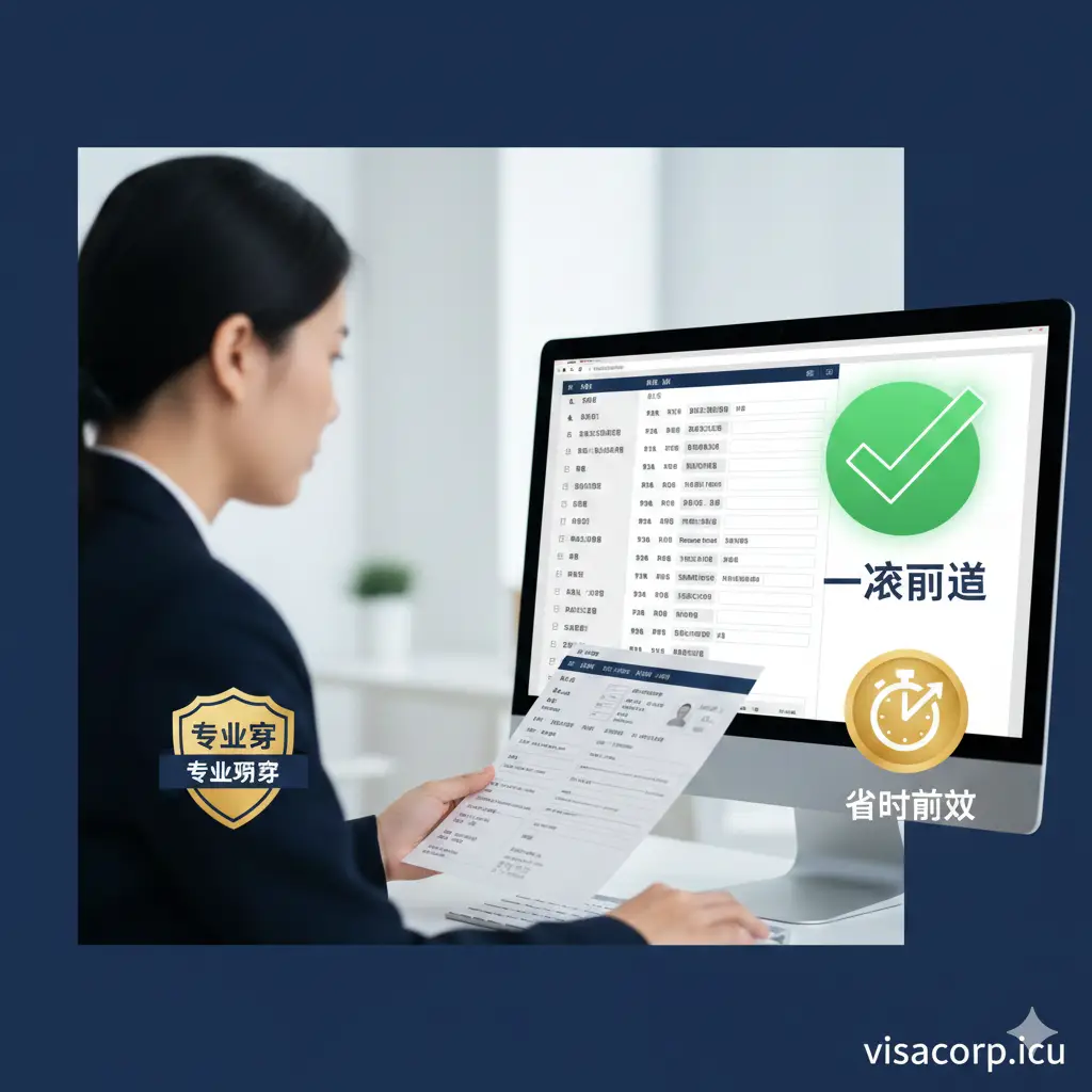 体现visacorp.icu平台优势的视觉图片。画面展现一名穿着商务装的专业顾问（面部模糊或侧影）正在电脑前认真审核护照申请材料，屏幕上显示着复杂的PDF核对清单。画面一侧有一个大大的绿色对勾图标，象征‘一次通过’。构图平稳，色调采用信任感强的海军蓝与纯白色，点缀金色的专业勋章图标，强调服务的预审能力、专业度以及为用户节省时间的核心价值。