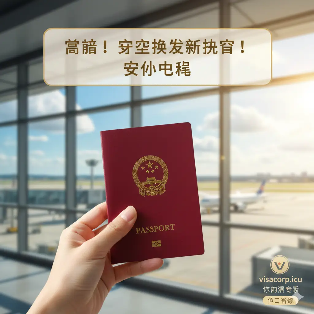 一张富有成就感和归属感的总结图片。画面展示一只手拿着崭新的中国护照，护照背景是阳光明媚的窗外风景或机场候机厅的虚化远景。画面上方悬浮着温馨的提示文字框，象征‘顺利拿到新护照’。色彩明快且饱和度高，光线充足，传达出任务完成后的轻松感。整体风格温馨且具有感染力，右下角带有微小的visacorp.icu品牌标识，引导用户进行最后的咨询行动。