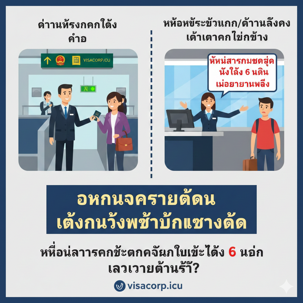 ภาพประกอบแบบแบ่งหน้าจอ แสดงความแตกต่างระหว่างด่านตรวจคนเข้าเมืองจีนที่ปล่อยผ่าน (สัญญาณไฟเขียว) กับเคาน์เตอร์เช็คอินของสายการบินที่ปฏิเสธผู้โดยสาร (หน้าจอคอมพิวเตอร์เป็นสีแดง) เพื่อเน้นย้ำถึงความเสี่ยงถูกปฏิเสธการขึ้นเครื่องบิน