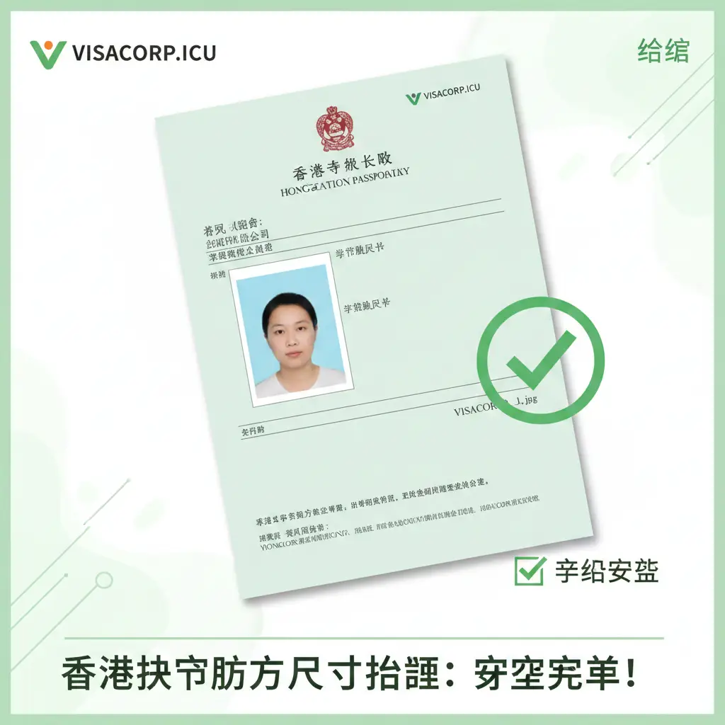 总结性视觉图片。画面展现一张香港特区护照申请表格，上面整齐地贴着一张合格的照片，背景伴有绿色的成功确认符号或勾选框。整体氛围轻松、成功且高效，象征着用户在遵循指南后顺利完成申请流程。构图采用俯视视角，色彩以温馨的白色和代表成功的绿色为主。