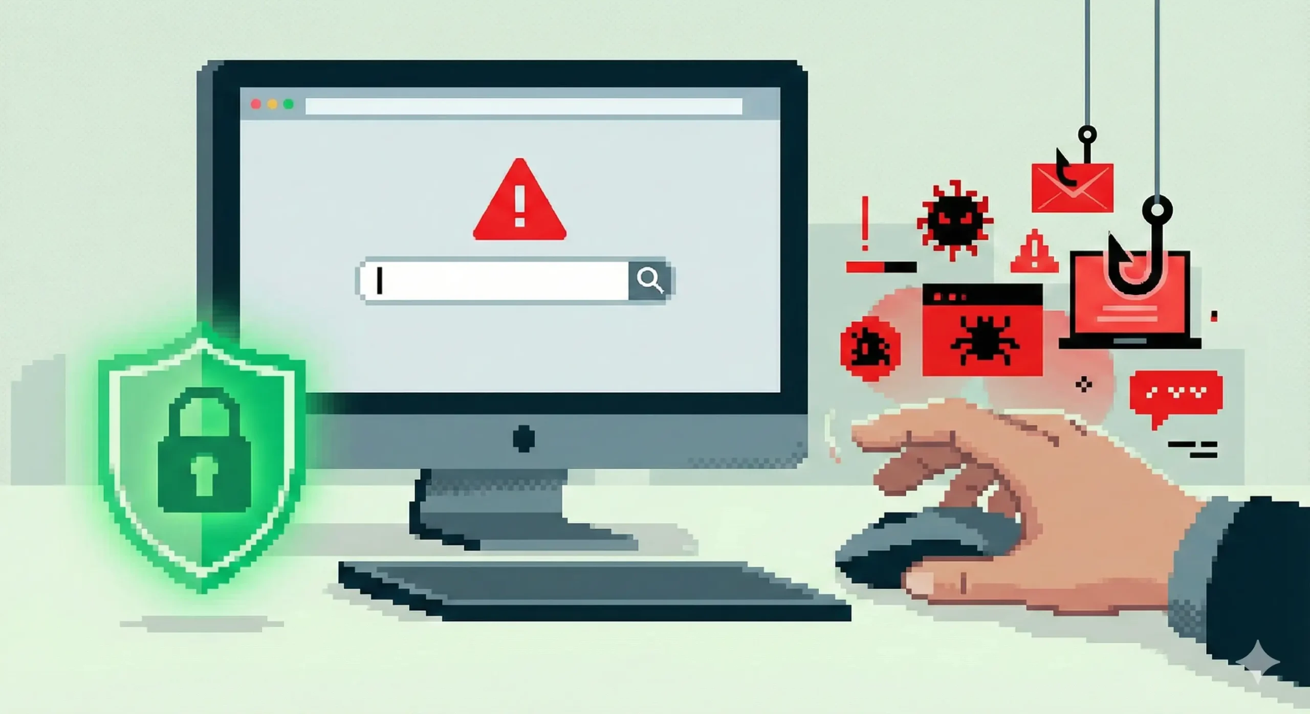 一张描绘网络安全意识的概念插图。画面展示了一台电脑屏幕，屏幕上有一个带有红色警示三角形图标的搜索栏，暗示搜索'护照号码大全'的危险性。