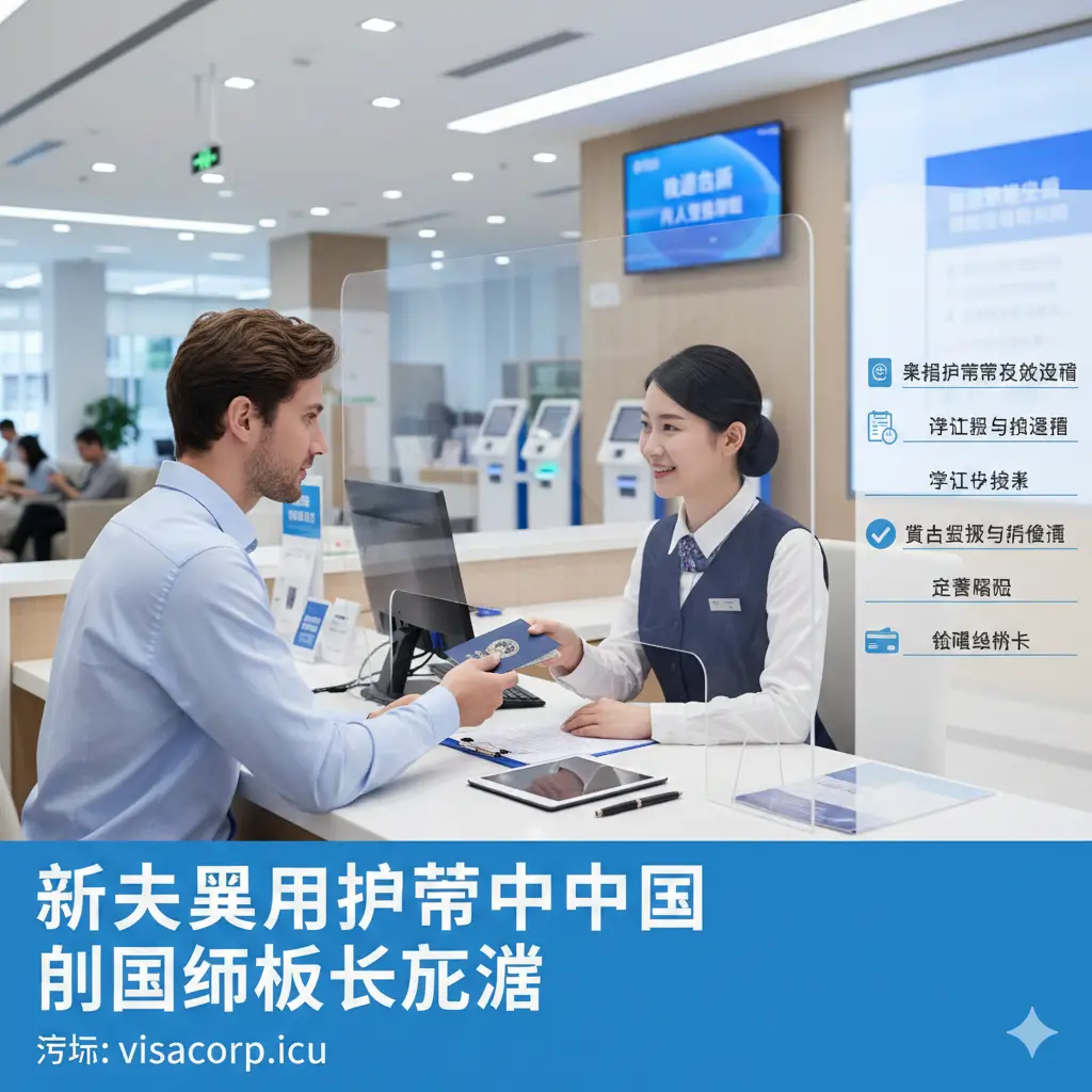 一张流程指导示意图。画面展示一名外籍人士在宽敞明亮的现代银行柜台前，与面带微笑的工作人员进行交流，侧面视角。构图层次分明，通过虚化的背景强调办理流程的真实感和专业性，色彩明快清新，展示出办理业务的高效率与合规性，为读者提供直观的教程参考。