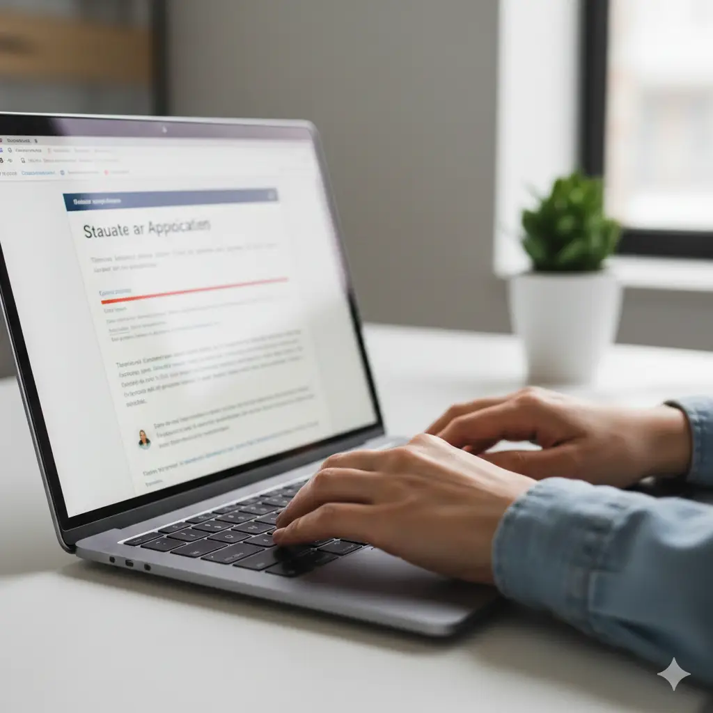 一张特写镜头，展示用户在笔记本电脑上查询IRCC官网的状态。焦点在键盘上的手和屏幕上模糊可见的“Application Status”（申请状态）进度条或追踪页面。背景是现代化的家庭办公室，光线明亮。图片传达出“主动查询”和“解决问题”的行动感，指导用户在等待超过8周时如何进行在线追踪和网络表格（Web Form）查询。