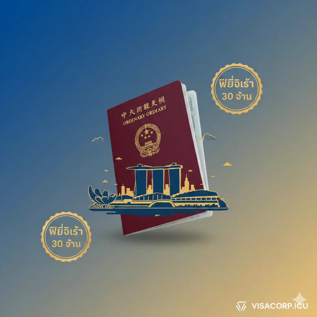 一张高质量的现代旅行主题封面图。画面中心展示一本鲜红色的中国普通护照（Chinese Ordinary Passport）和新加坡标志性建筑（如金沙酒店或鱼尾狮）的剪影融合。背景采用渐变的科技蓝或温暖的晨光色调，象征2025年免签政策带来的开放与便利。画面中巧妙融入'Visa Free'或'30 Days'的金色印章元素，构图大气，风格专业且具有官方信任感，适合作为visacorp.icu的头图。