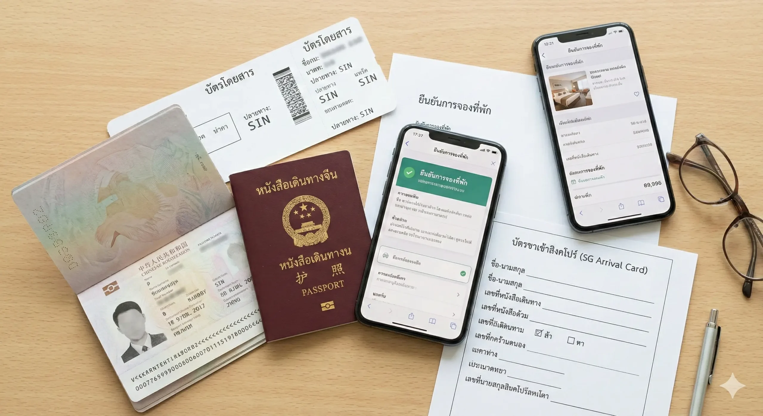 展示旅行文件清单的俯拍构图（Flat lay）。在干净的白色或浅木色桌面上，整齐摆放着一本中国护照、一张印有SIN代码的登机牌、一部显示酒店预订确认界面的智能手机，以及一张打印好的SG Arrival Card纸质文件。光线柔和明亮，营造出准备充分、井井有条的氛围，突出'免签入境所需材料'的主题，帮助用户直观理解出行清单。