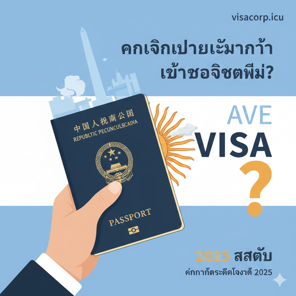 一张醒目的封面图,主色调采用阿根廷国旗的浅蓝和白色,搭配温暖的橙色或金色作点缀。画面主体是一个拿着中华人民共和国护照的手,护照上方叠加一个半透明的阿根廷地标剪影,例如布宜诺斯艾利斯方尖碑和南极冰川的一角,象征目的地。背景有'AVE'和'VISA'的字样,并配上一个大大的问号,下方小字突出'2025最新攻略',整体风格专业、大气,聚焦中国护照前往阿根廷的签证需求。