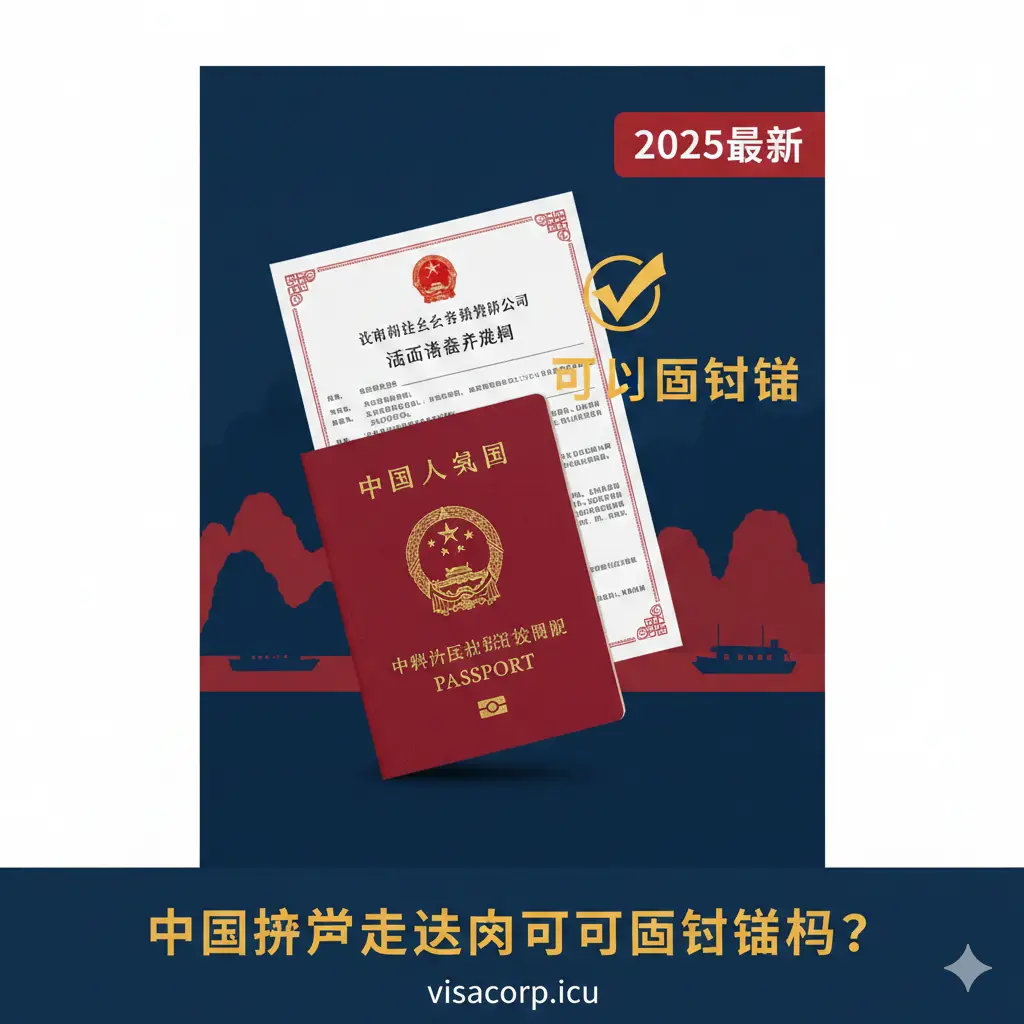 以深蓝色和越南国旗的红色与黄色为主色调,营造专业而权威的氛围。画面主体为一个被放大的中国护照(红色),上方叠放着一张具有越南移民局官方感的《落地签批文》打印件(白色纸张)。背景是抽象的越南著名地标(如河内大教堂或下龙湾剪影)。在护照和批文旁边,用一个金色的“✅”图标强调“可以”落地签,并用醒目的“2025最新”标签吸引注意力,整体构图简洁,突出主题“护照+批文”。