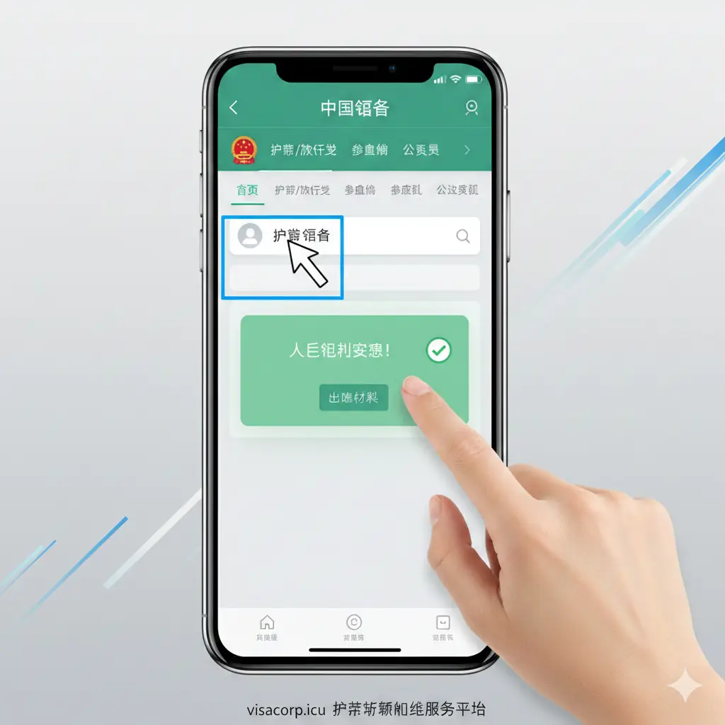 图片模拟“中国领事”App的申请界面或人脸识别认证成功的截图。主画面是一个简化的高保真App界面模型，聚焦于“护照/旅行证”申请入口或“进度查询”页面。界面上应该有一个醒目的“人脸识别成功”或“上传材料”的提示框。在App模型的旁边，可以配上一个手指点击屏幕的动作，强调“线上办理”和“手把手教程”。图片风格应保持干净、真实，并确保没有实际敏感信息，突出App在办理中的核心地位。
