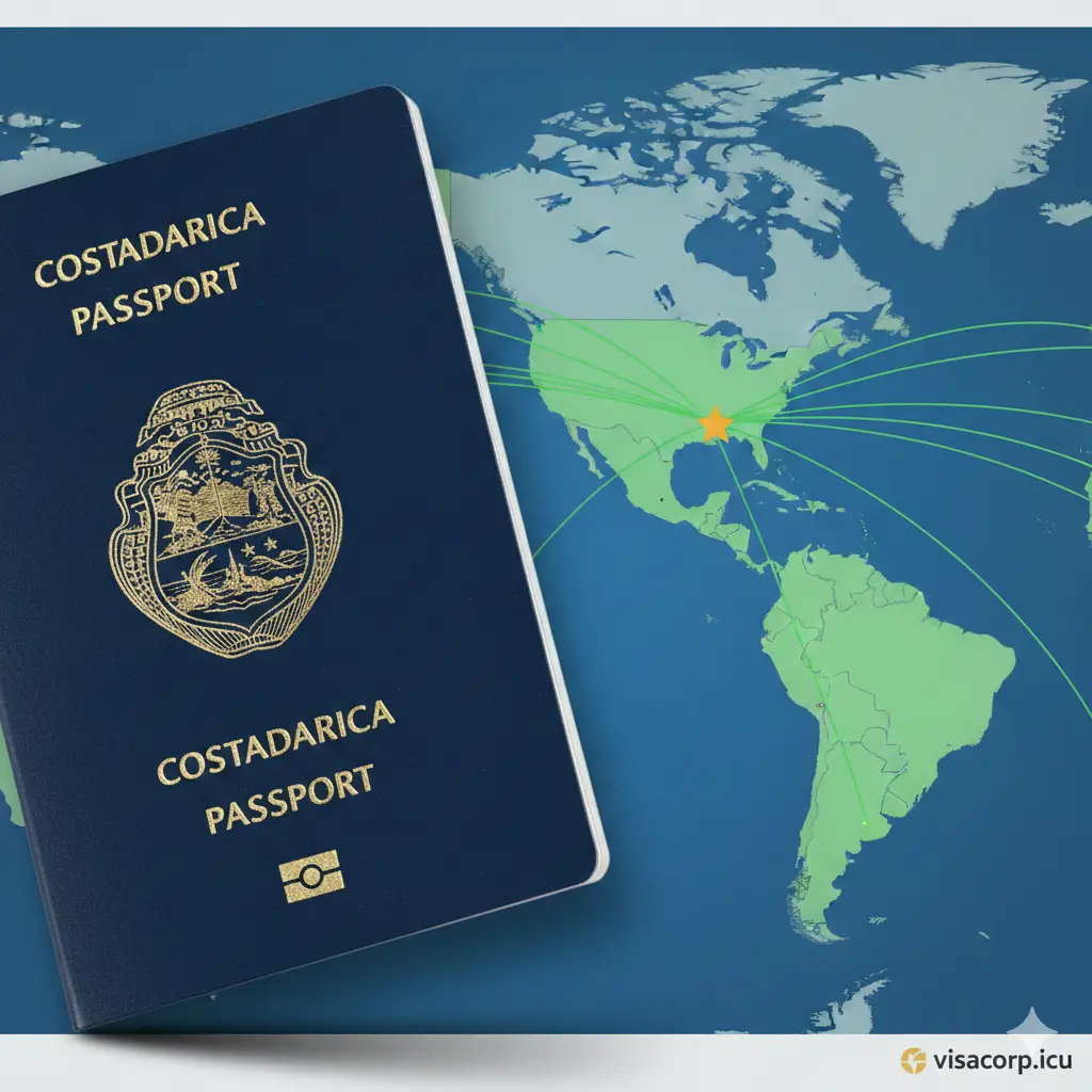 一张富有吸引力的封面图，主视觉元素是哥斯达黎加护照（深蓝色封面，印有国徽），护照放置在全球地图背景之上。地图上醒目地标记出哥斯达黎加的位置以及其主要免签区域（如申根区、英国、日本等）以绿色线条连接。风格应是高端、权威的商务旅行感，色彩以深蓝、金边和地球的蓝绿色为主。护照以45度角倾斜置于前景，右下角配上一个微小的visacorp.icu标志，强调全球通行力。
