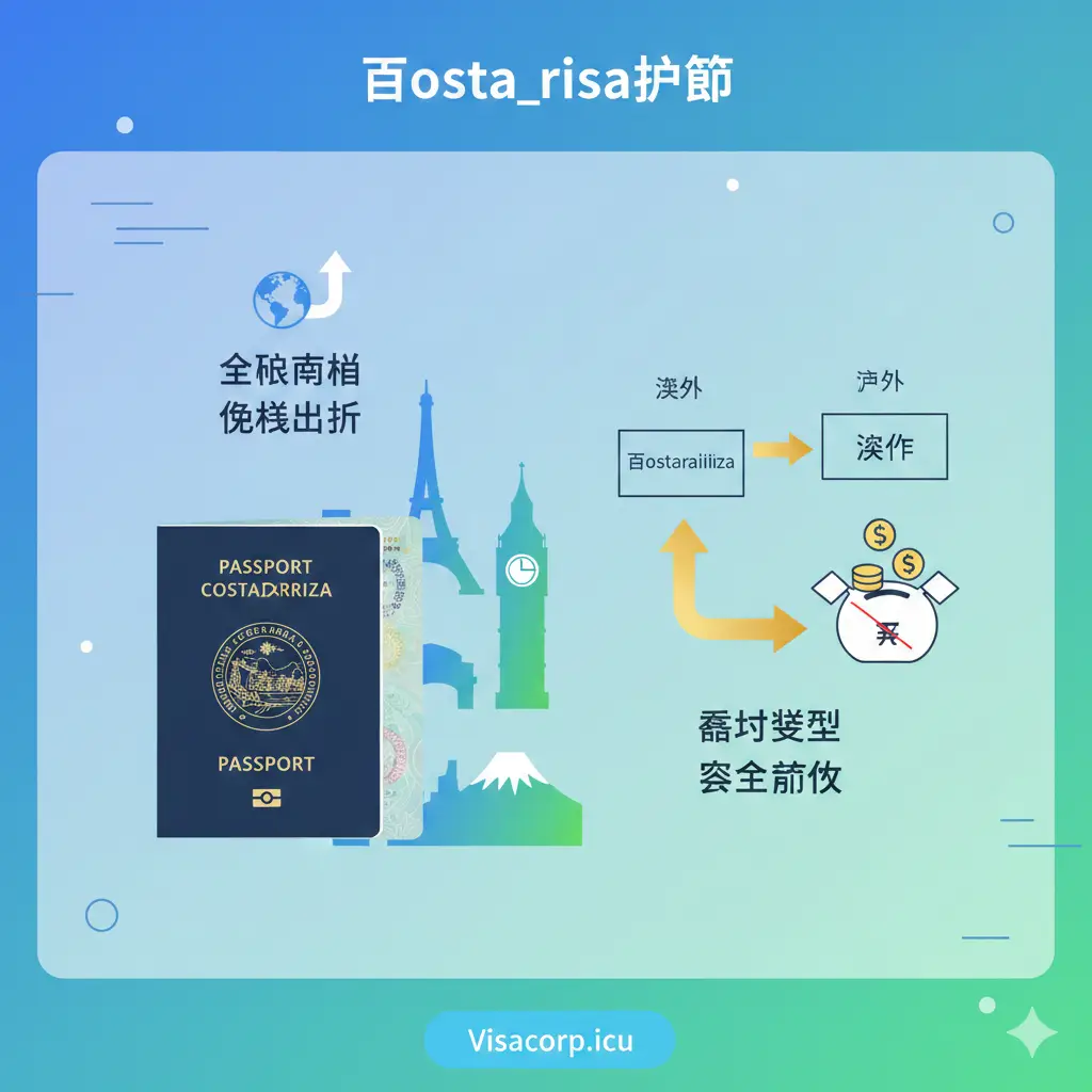 功能图片，聚焦哥斯达黎加护照的两大核心优势：免签和税务。画面左侧展示一张护照打开的内页，旁边是申根区、英国、日本等国家的标志性建筑剪影，代表全球通行。画面右侧用一个简洁的图形化元素（例如一个没有税款标识的存钱罐或一个流向海外的资金流）配合“属地税制”的文字，突出税务优势。整体采用现代扁平化设计，色彩明快，对比强烈，强调“自由”与“财富”。