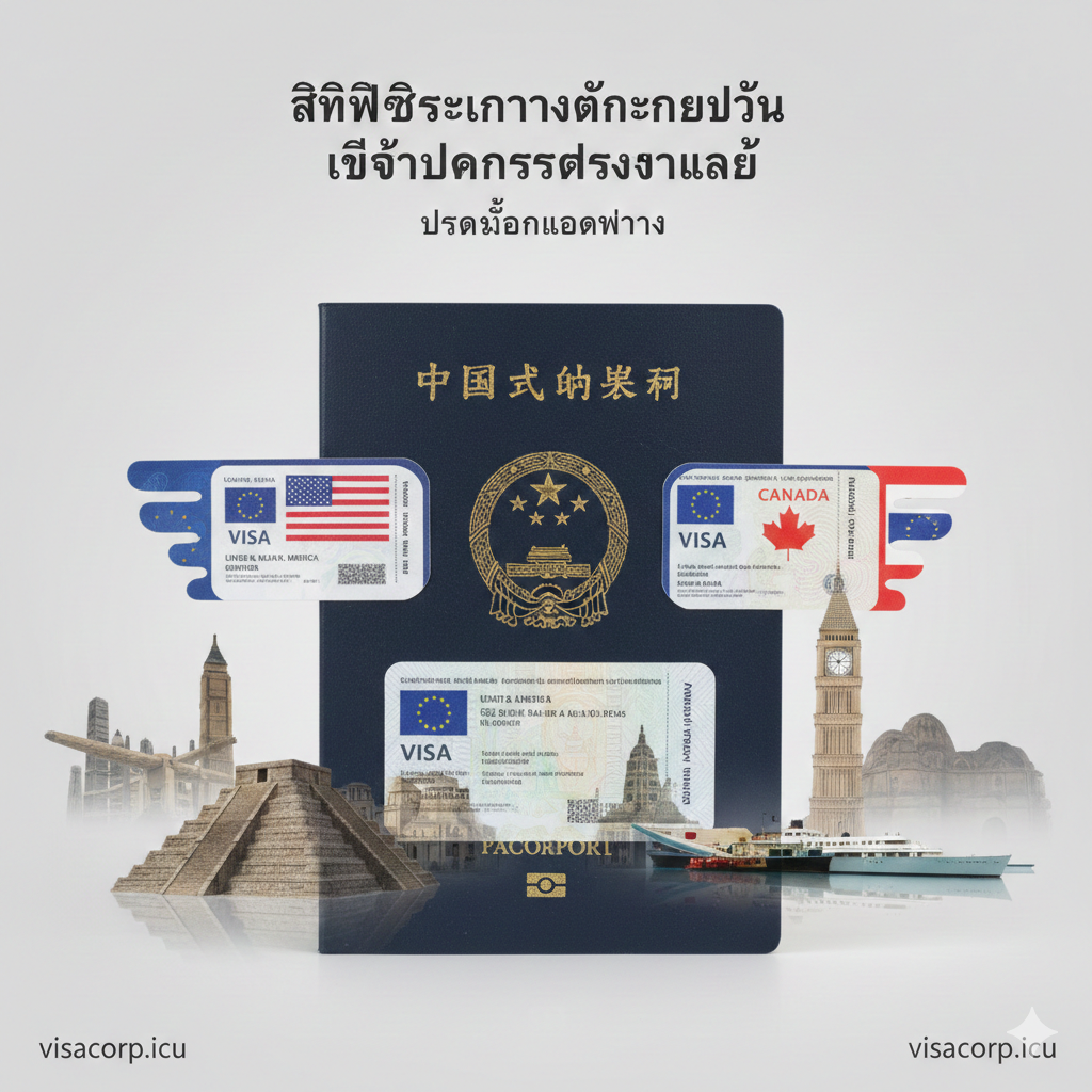 此图用于文章IV部分“持有发达国家签证可免签去哪里?”。核心概念是“签证的额外价值”。画面主体是一本中国护照,上面贴着美国、申根(欧盟星环)和加拿大等发达国家签证的贴纸。这些签证像翅膀或钥匙一样,象征着“解锁”更多的目的地。前景有若干个全球著名地标(如墨西哥金字塔、巴拿马运河),用半透明的方式围绕在护照周围,表达持证的额外优势。风格应是全球化、高端的。