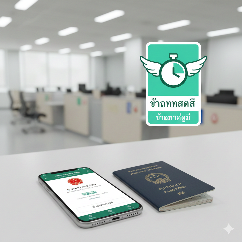 ภาพแสดงขั้นตอนการต่ออายุหนังสือเดินทางฉุกเฉินในสภาพแวดล้อมที่สว่างไสว โดยมีสมาร์ทโฟนที่แสดงหน้าจอแอปการยื่นขอ และหนังสือเดินทางเก่า/ใหม่ เพื่อสื่อถึงความรวดเร็วและสะดวกสบายของการต่ออายุ