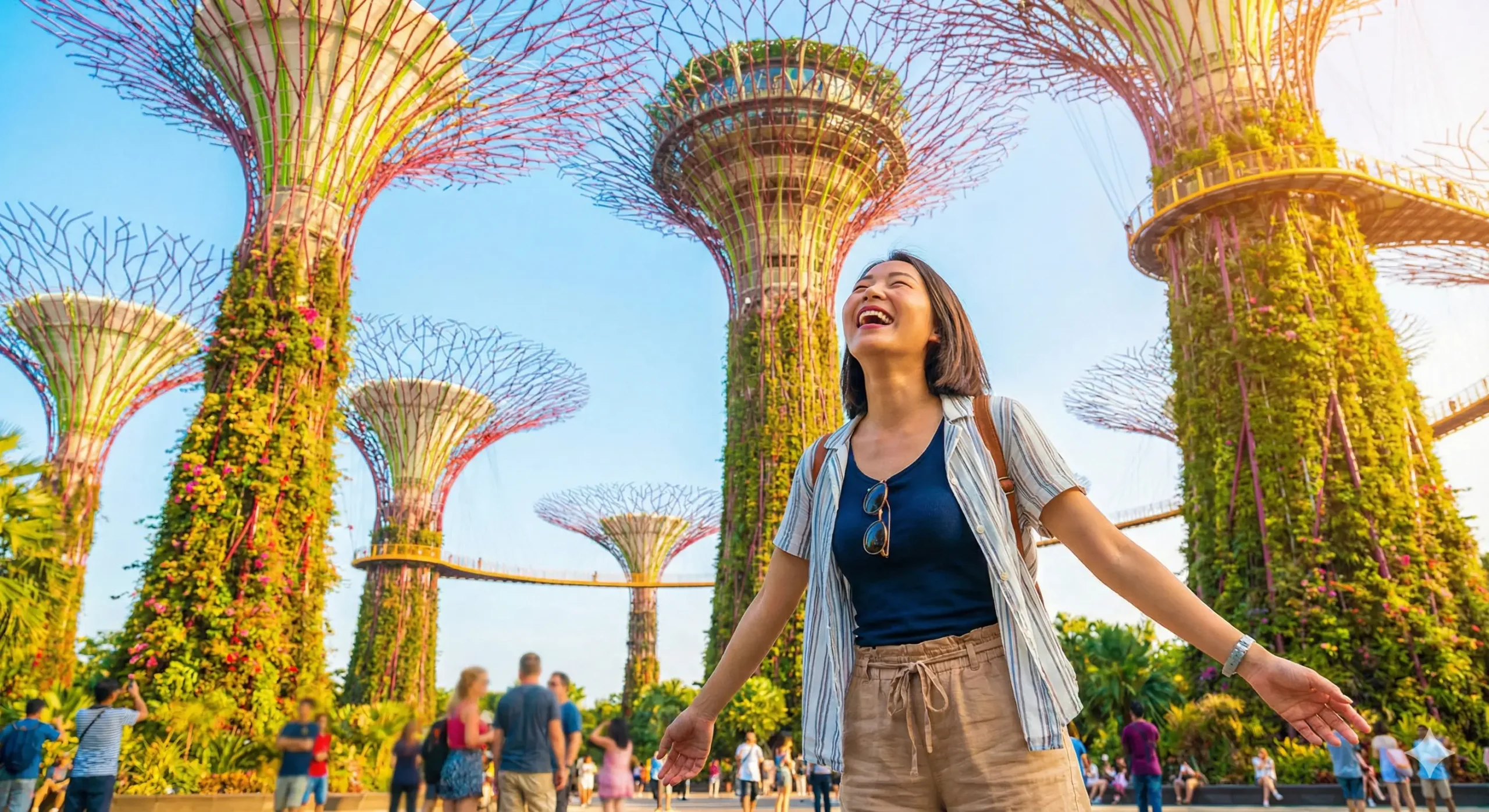 一张充满活力的旅游生活照。展示一名亚洲面孔的游客在新加坡滨海湾花园（Gardens by the Bay）的擎天树丛（Supertrees）下开心地自拍或欣赏风景，阳光明媚，色彩鲜艳饱和。人物表情轻松愉悦，体现出利用免签政策享受30天无忧假期的美好体验，作为文章结尾，激发读者的旅行欲望。
