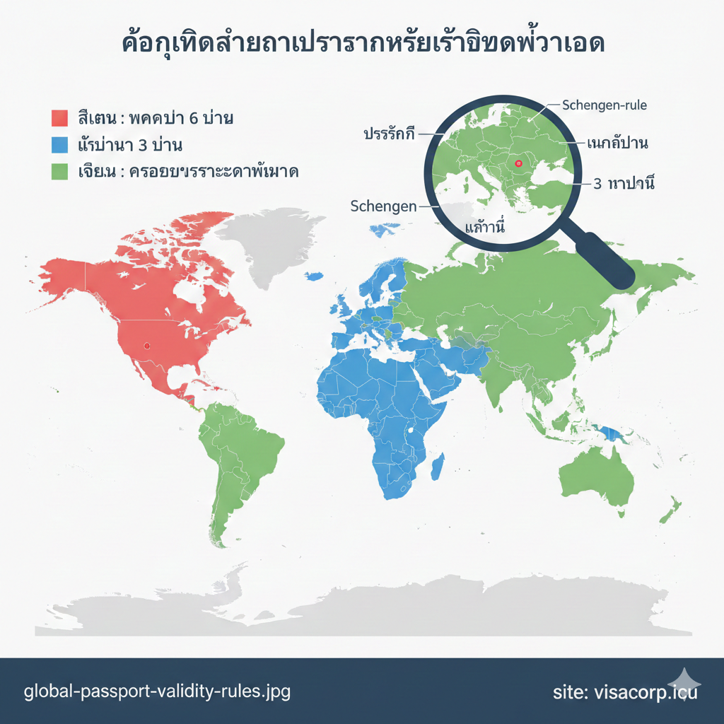 ภาพกราฟิกแสดงแผนที่โลกพร้อมการแบ่งสีสำหรับกฎความถูกต้องของหนังสือเดินทางที่แตกต่างกัน สีแดงสำหรับ 6 เดือนขึ้นไป สีน้ำเงินสำหรับกฎ 3 เดือน และสีเขียวสำหรับประเทศที่มีความยืดหยุ่นกว่า