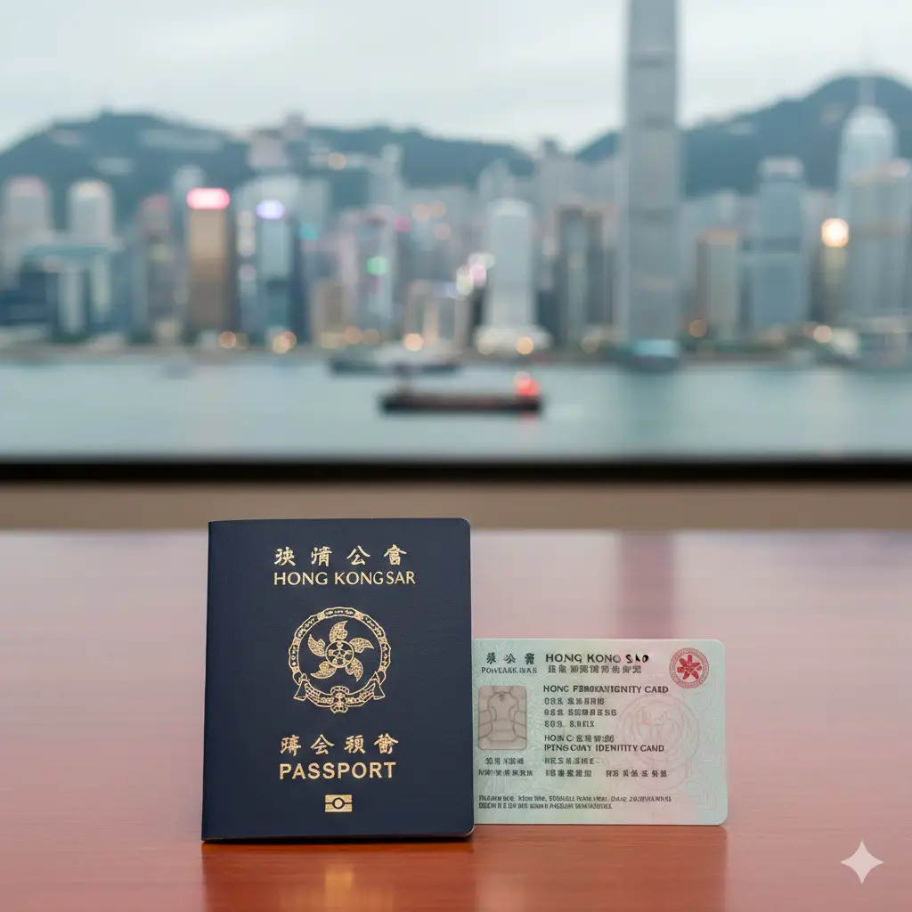 A high-quality, professional close-up photography shot featuring a HKSAR blue passport and a Hong Kong Permanent Identity Card resting on a polished executive wooden desk. The background features a softly blurred, sophisticated view of the Hong Kong Victoria Harbour skyline during the day to establish location context. The lighting is natural and premium, highlighting the gold emblem on the passport. The composition leaves space for a title, conveying authority and trust suitable for visacorp.icu.