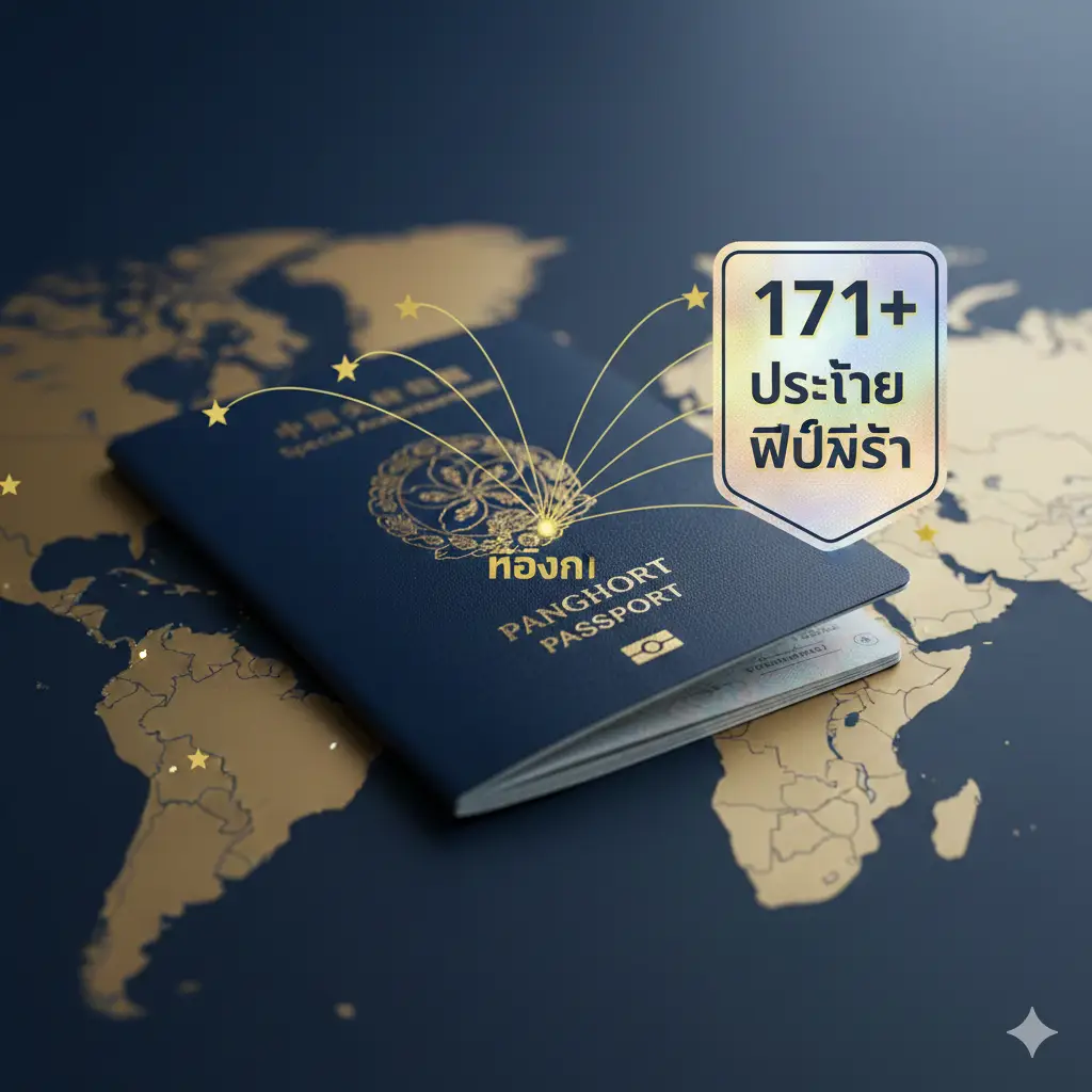 An inspiring concept image showing an open Hong Kong passport resting on a stylized world map. Golden flight paths connect Hong Kong to major destinations like Japan, the UK, Europe, and Canada. A badge or holographic element highlights the text '171+ Countries Visa-Free'. The visual style is dynamic and premium, using deep blues and gold accents to symbolize the global mobility and power of the document.