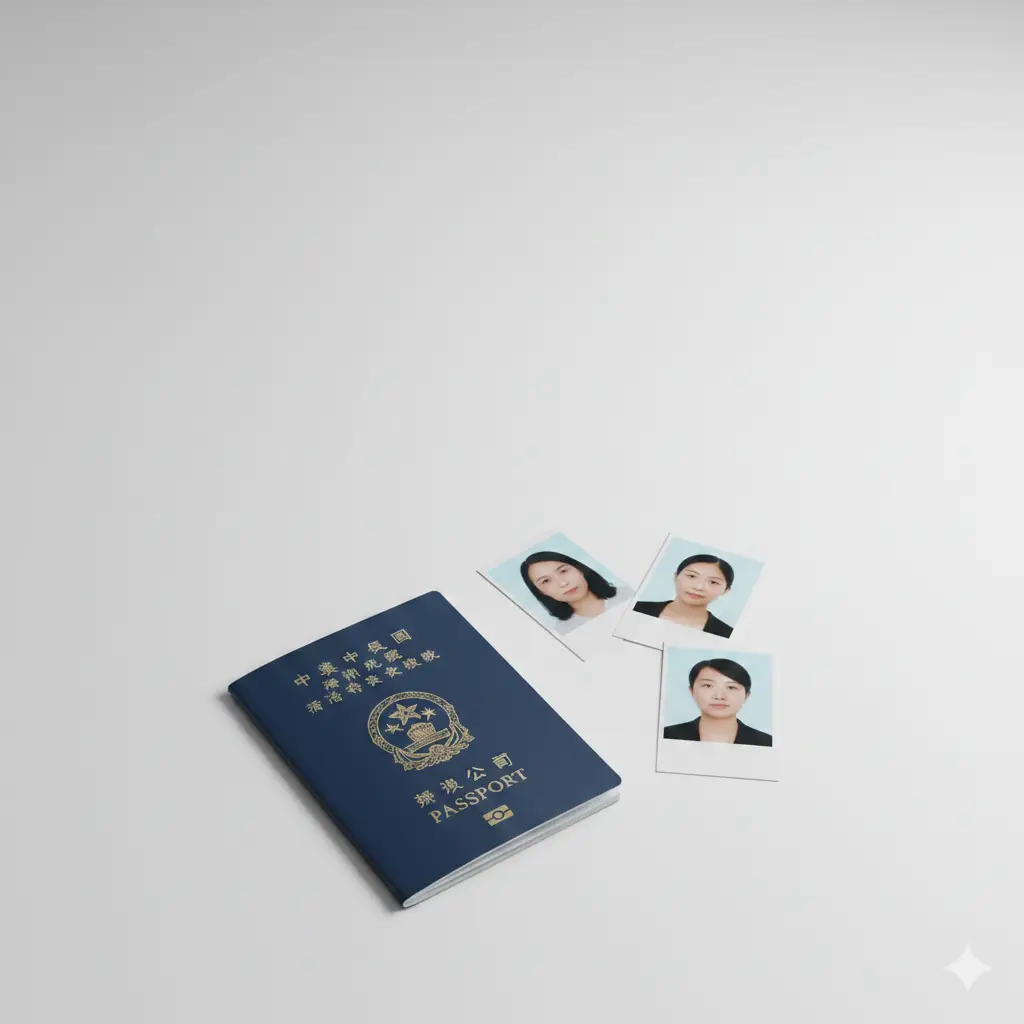 一张高质量的封面图片，展示一本深蓝色的香港特区护照放置在干净的白色桌面上，旁边散落着几张标准的40x50mm证件照。背景采用浅灰色渐变，光线明亮且柔和。图片中心位置留有排版空间，整体视觉风格专业、权威，符合政府办事指南的严谨感，色彩以蓝、白、灰为主色调。