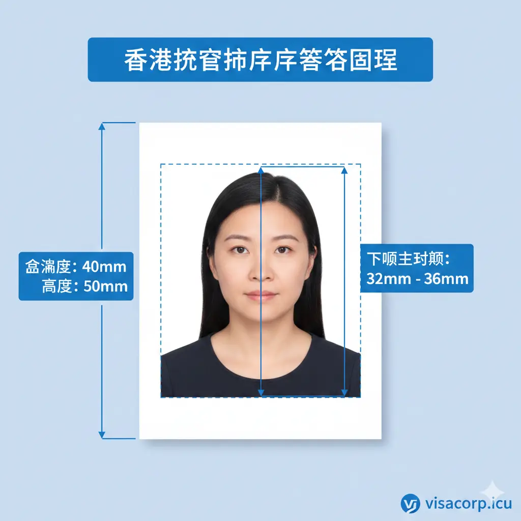 功能规格图解。画面中心展示一张符合标准的香港护照照片，并在照片上通过半透明的辅助线和标注框示出核心尺寸。左侧标注总宽度为40mm，高度为50mm；中间标注下颚至头顶的垂直高度为32mm至36mm。采用现代扁平化设计风格，背景为淡蓝色，文字标注清晰，具有很强的教学指导功能。