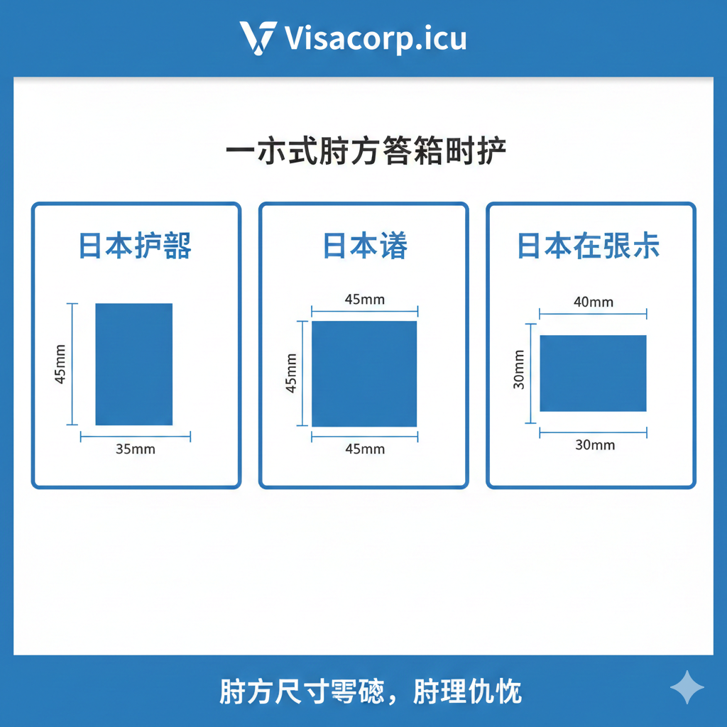 รูปภาพฟังก์ชัน ใช้สำหรับการเปรียบเทียบข้อกำหนดรูปถ่ายของหนังสือเดินทางญี่ปุ่น วีซ่า และบัตรประจำตัวผู้พำนัก (Zairyu Card) ความแตกต่างในด้านขนาด ภาพมีองค์ประกอบสามช่องขนานกัน ซึ่งแสดงถึง “หนังสือเดินทางญี่ปุ่น (45x35 มม.)”, “วีซ่าญี่ปุ่น (45x45 มม.)” และ “บัตรประจำตัวผู้พำนักญี่ปุ่น (40x30 มม.)” ตามลำดับ ภายในแต่ละช่องจะมีแผนภาพหรือภาพเงาของขนาดที่สอดคล้องกัน พร้อมทำเครื่องหมายขนาดเป็นตัวเลขที่โดดเด่น เพื่อเน้นย้ำความแตกต่างของอัตราส่วนความกว้างและความสูงของรูปถ่ายเอกสารที่แตกต่างกัน รูปแบบโดยรวมใช้ตารางสีน้ำเงินและสีขาวแบบมืออาชีพ เน้นย้ำฟังก์ชัน “การเปรียบเทียบข้อกำหนดแบบครบวงจร” ที่ให้บริการโดย Visacorp.icu และเน้นย้ำความแม่นยำของขนาด