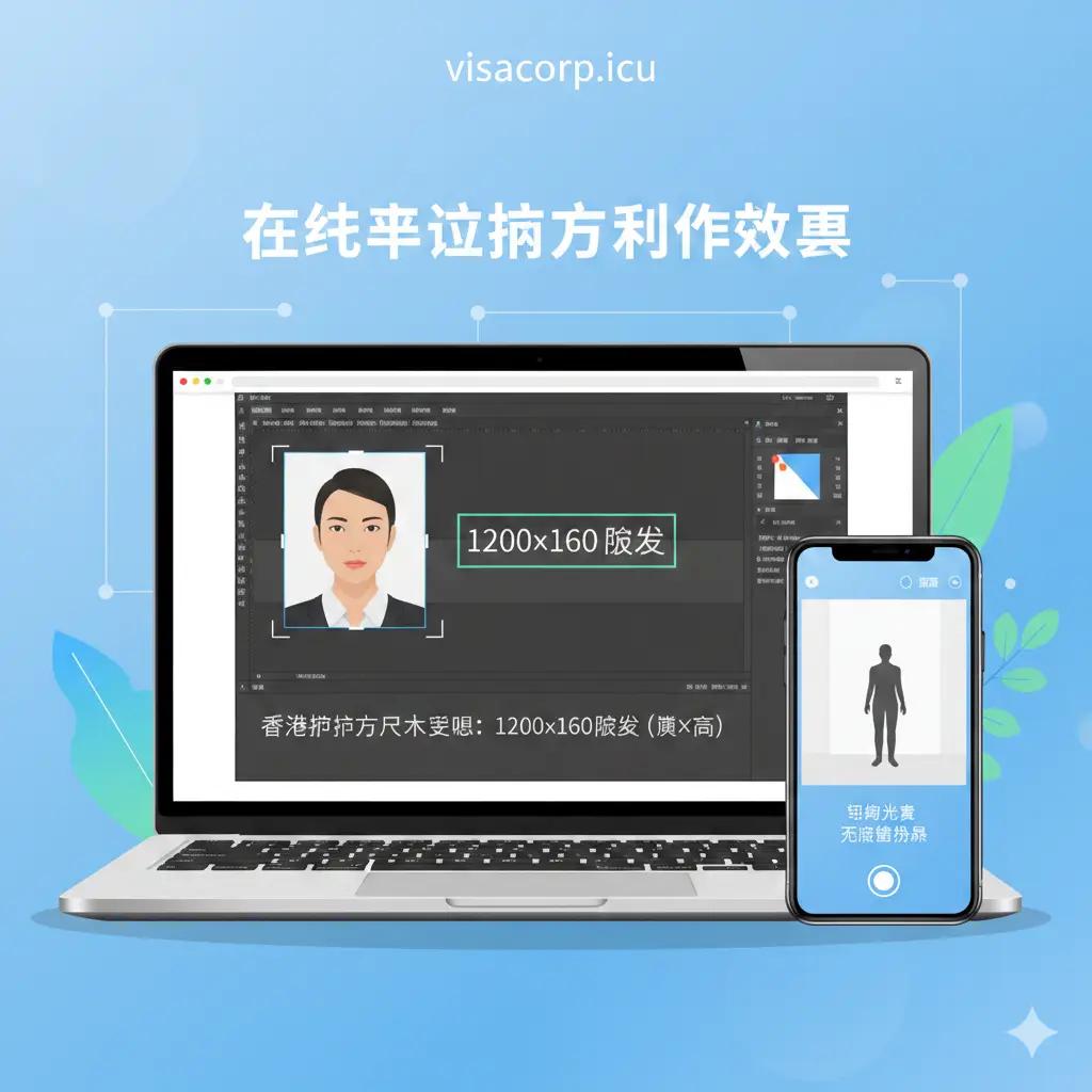 数码照片制作教程示意图。画面展示一个笔记本电脑屏幕和一部智能手机，屏幕上显示着正在进行照片裁剪的编辑软件界面，突出显示1200x1600像素的参数设置。旁边有一位手持相机在纯白墙面下拍摄的人物剪影，强调均匀的光线和简单的背景。构图平衡，充满现代科技感，使用清新明快的色彩。