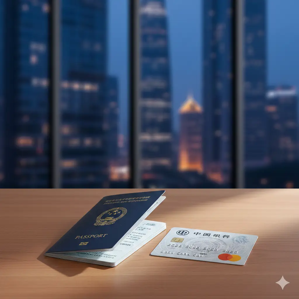 一张高清的商业摄影封面图，展示一本带有金色国徽的外国护照和一张中国银行借记卡放置在整洁的办公桌上。背景是模糊的现代化大都市CBD金融区景观，色调采用冷静专业的深蓝色和暖金色对比，光影明亮，营造出高端、权威且国际化的视觉氛围，突出‘用护照办银行卡’的主题。
